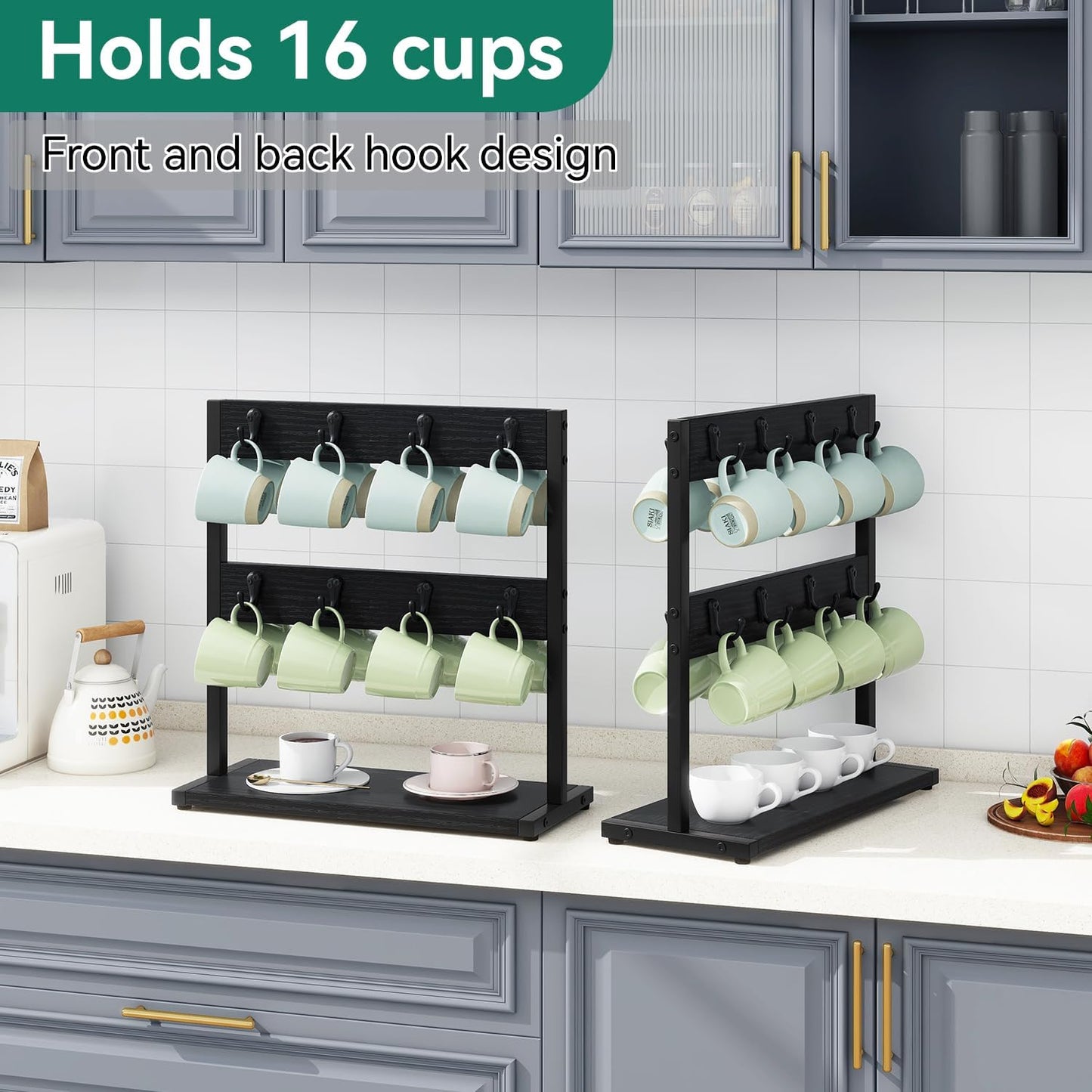 IBUYKE Coffee Mug Holder for Countertop,16 Hook Mug Tree,Black TBJ001B | Coffee Cup Holder Mug Display Organizer Mug