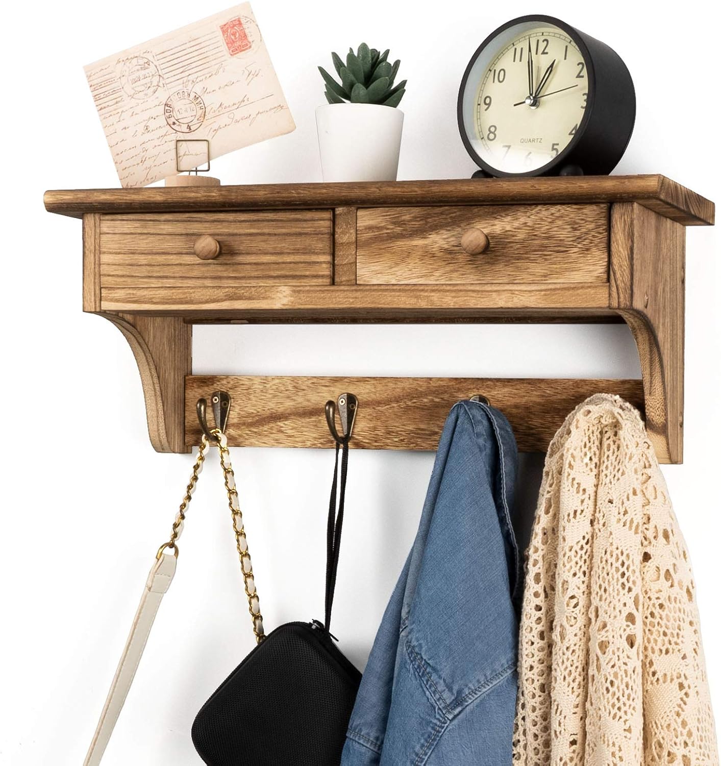 Emfogo Coat Hooks Mounted, Rustic Wood Coat Rack Mount Shelf with Hooks, Farmhouse Coat Rack with Shelf & Coat Hook for