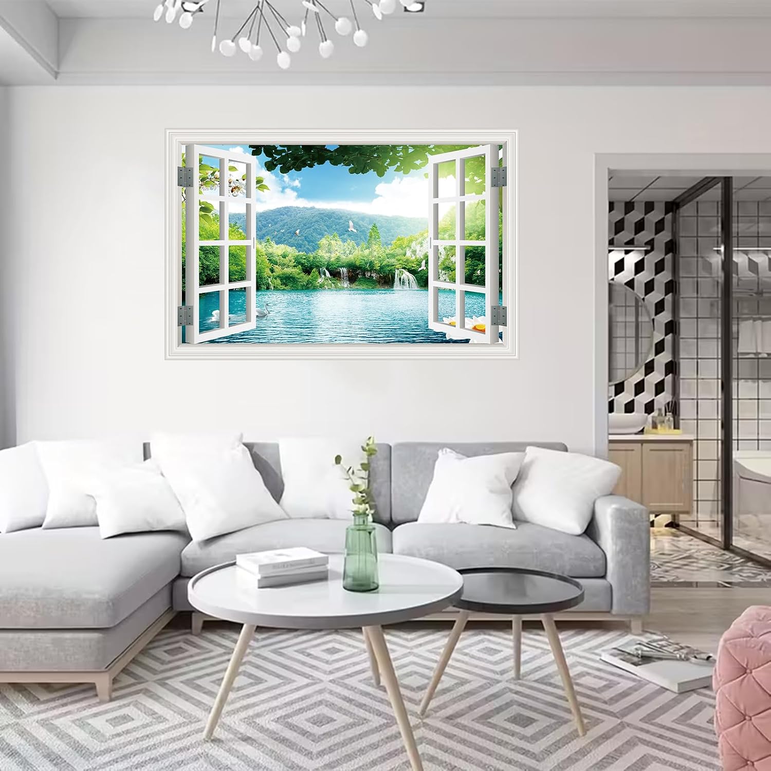 ‌ Fake Window Wall Mural -Spring Lake Landscape Peel and Stick Wall Sticker Decal / Ly-01 / 48 x 32