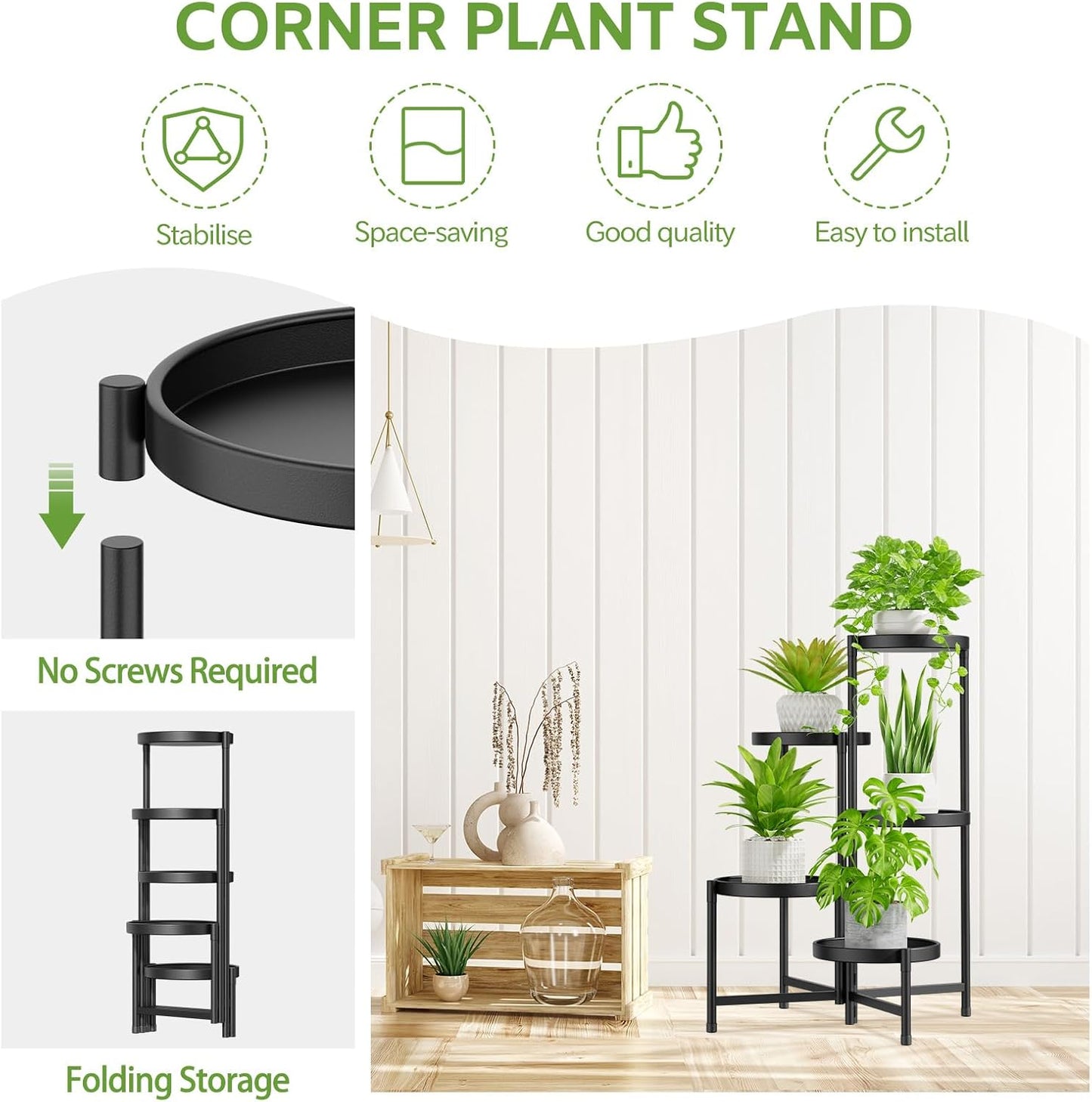 iDavosic.ly 5 Tier Large Plant Stand Indoor Outdoor, 10 In Wide Tray, Black | Tiered Metal Corner Heavy Duty Multiple