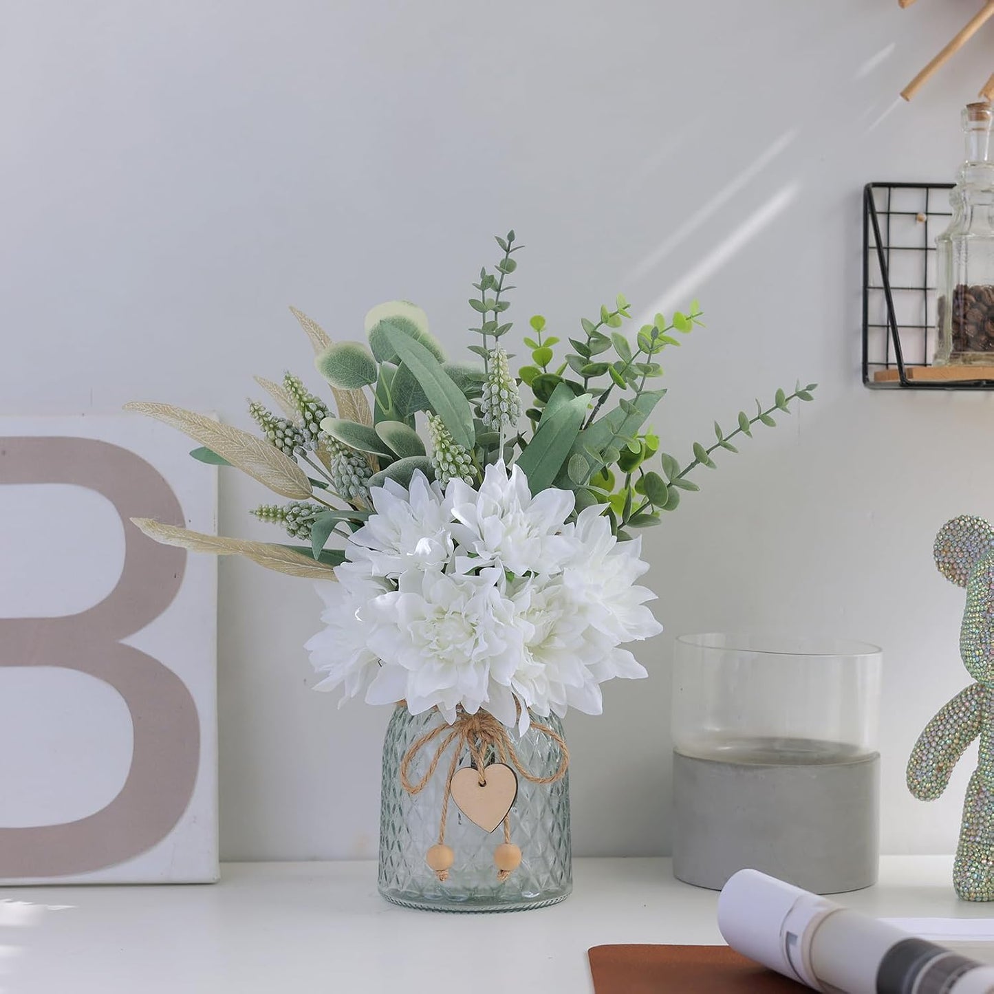 Faux Flowers / Artificial Silk Flowers in Vase / White