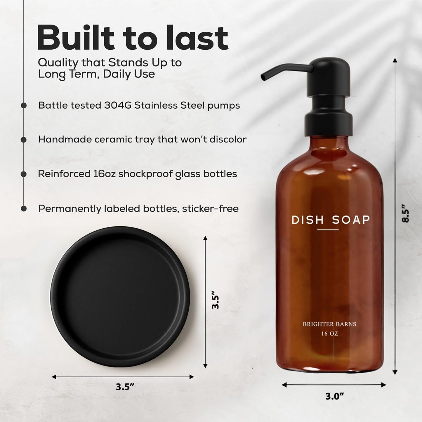 Amber Glass Dish Soap Dispenser for Kitchen Sink by Brighter Barns - Kitchen Soap Dispenser Set with Pump & Tray