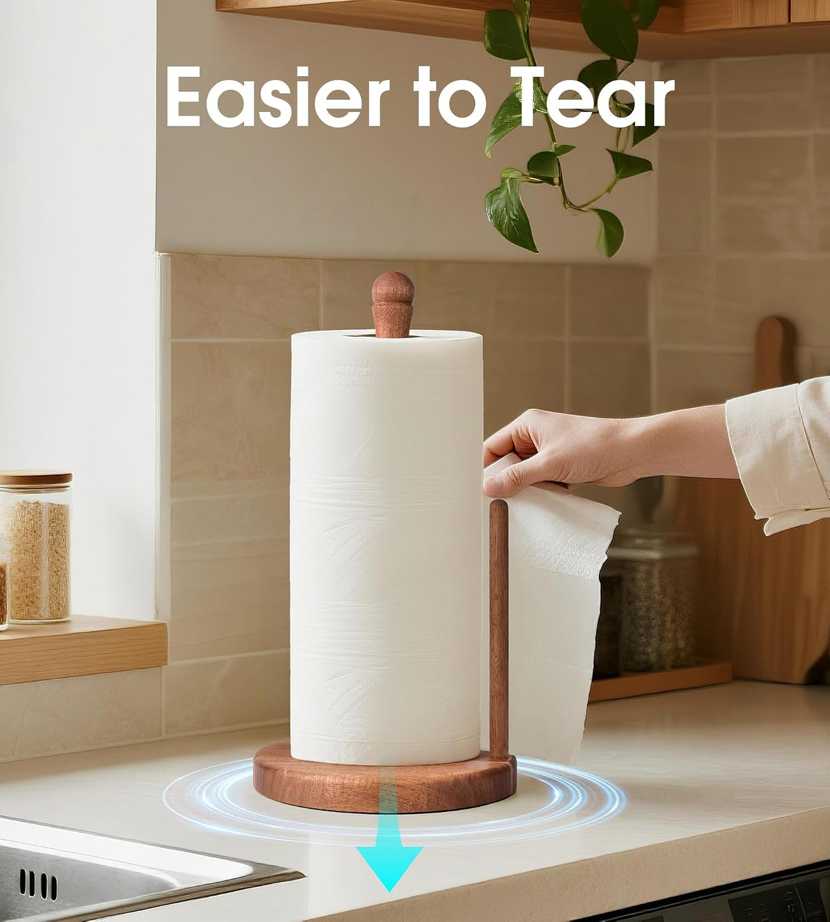 Farmhouse Acacia Wood Paper Towel Holder Countertop, Weighted Base for Kitchen & Bathroom, One-Handed Operation, Wooden