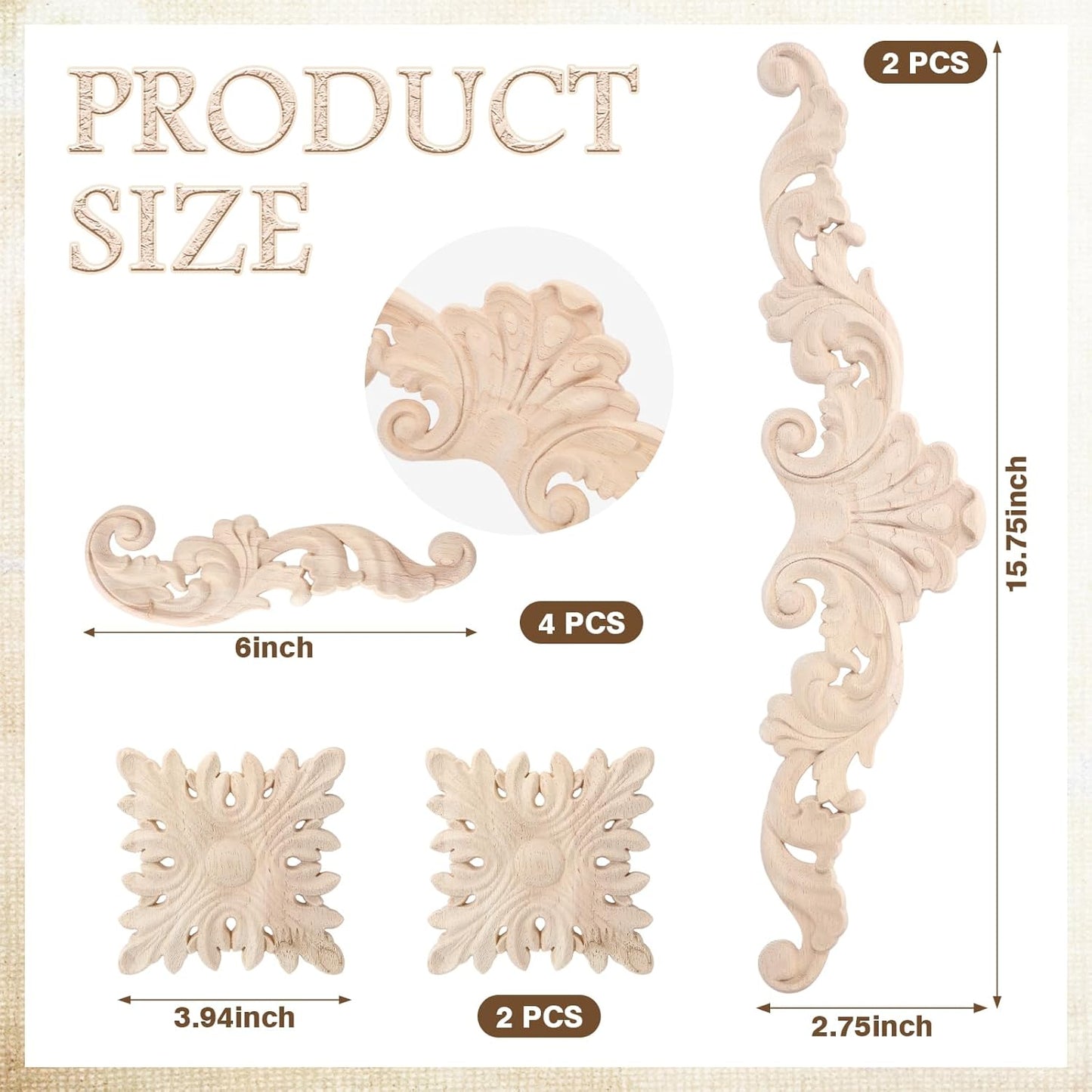 Wood Appliques and Onlays for Furniture Carved Onlays DIY / Adorable Style / Large Size / Set of 8