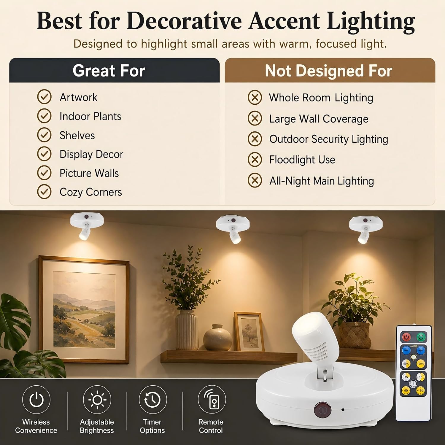 HONWELL Wireless LED Spotlights 2 Pack Accent Light Puck Lights with 2 Remote, Indoor Closet Lights with Rotatable