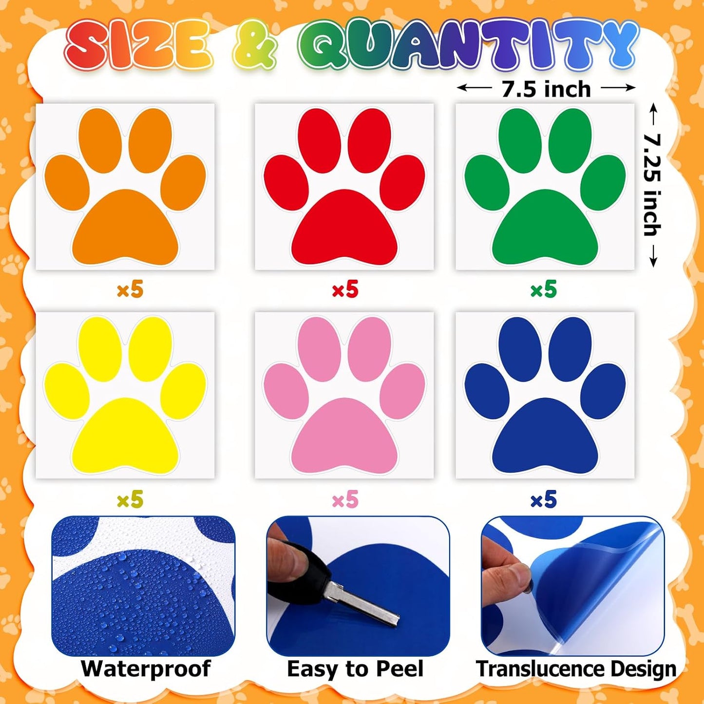 Paw Print Floor Decal 7.5" Large Pawprints Wall Cling Self Adhesive / Multi Color / Set of 30