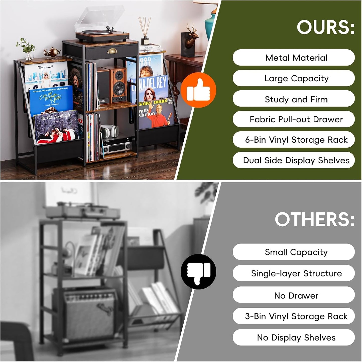 Record Player Stand with Vinyl Storage – Record Table with Holder,6-Bin Vinyl Storage Rack & Drawer, Dual Side Display