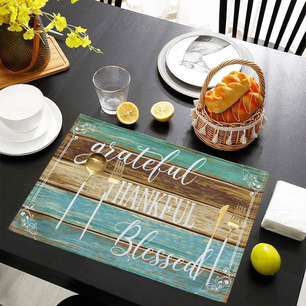 Farmhouse Table Placemats Set of 8 Thanksgiving Place Mats | Teal Linen Wipeable Heat Resistant Washable Fabric