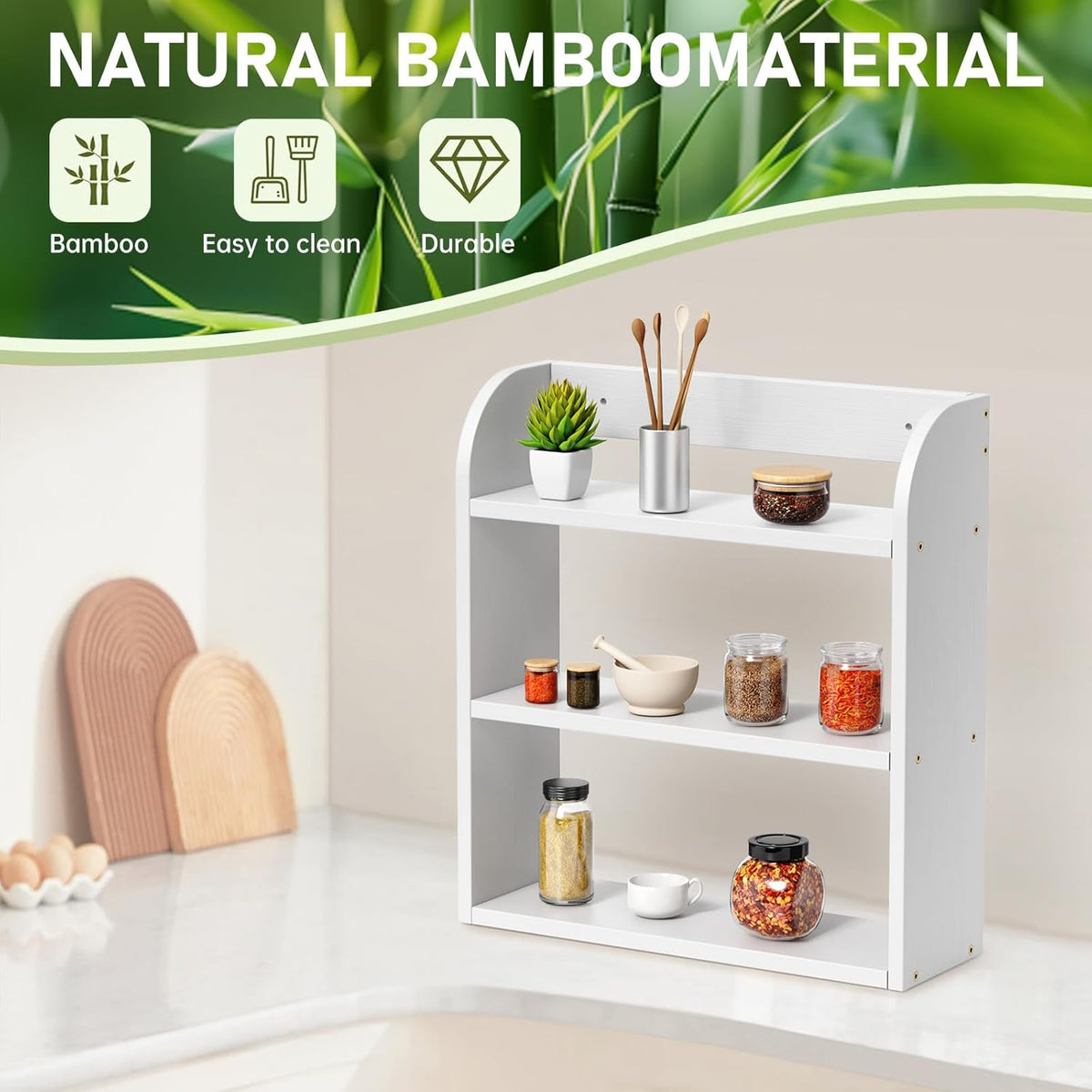 ROMGUAR CRAFT 3 Tier Bamboo Spice Rack, Countertop or Wall Mounting Wood Spice Jars Organizer Shelf for Kitche, Pantry
