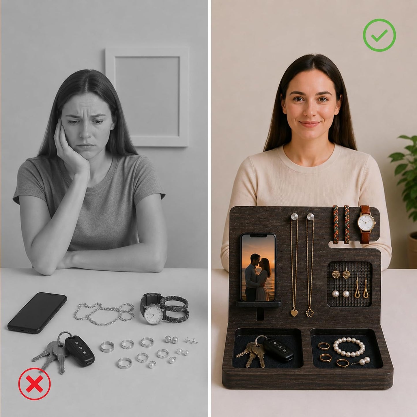 Namore Nightstand Organizer for Women – Wood Phone Docking Station & Jewelry Valet Tray for Phone, Earrings, Wallet &