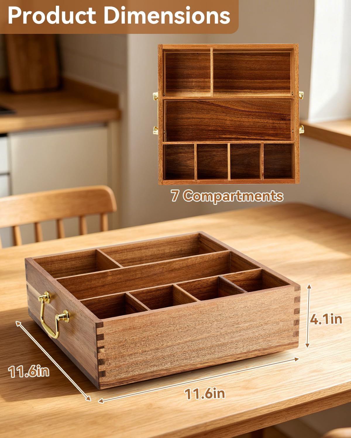 Rotating Acacia Wood Utensil Caddy with Handles, 7 Compartments for Paper Plates, Silverware and Straws, Perfect for