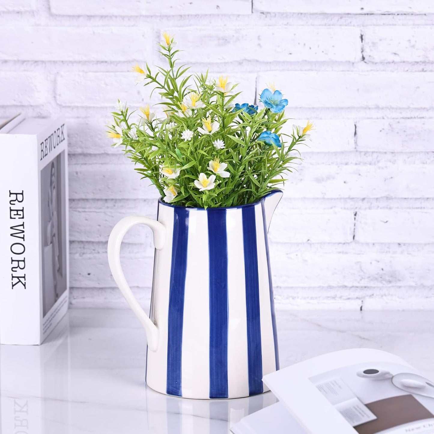 Ceramic and White Pitcher Vase / Stripes / Blue