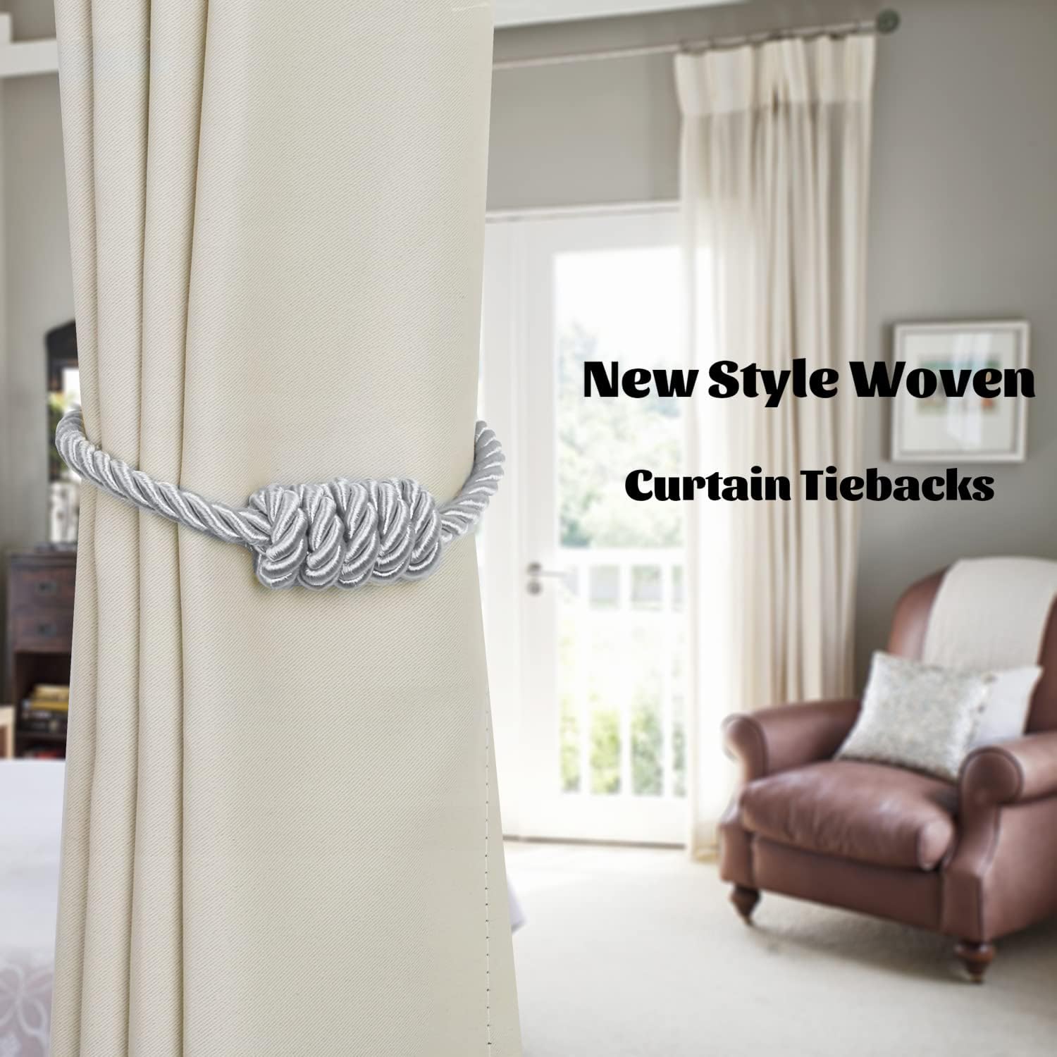 BEL AVENIR Magnetic Curtain Tiebacks 6 Pack Hand-Woven Curtain Ties | Silver Decorative Curtain Holdbacks Bohemian