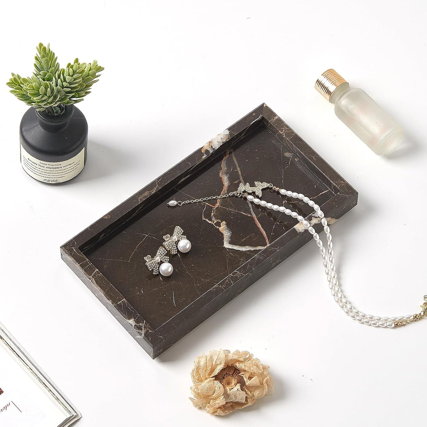 Stone Organizer / Natural Small Marble Vanity Tray / Brown / 7.9 x 4.3 x 0.8
