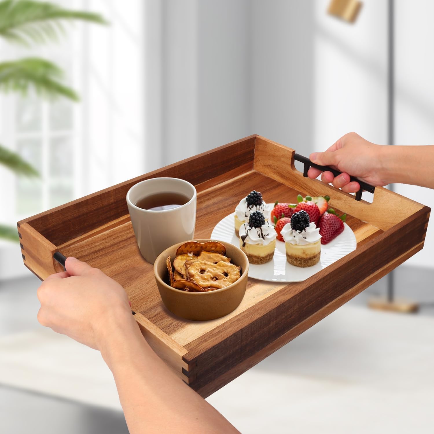 Acacia Wood Serving Tray / 13 x 17 / Black / Set of 2