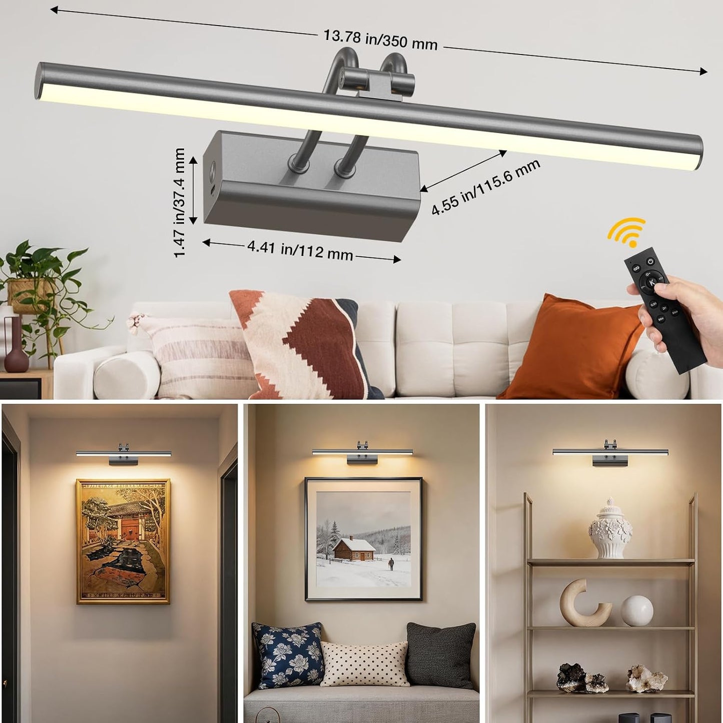 Battery Operated Picture Light for Wall, Grey, 13.8", Remote Control | 4000mAh Cordless,Grey Wall Light, Magnetic for