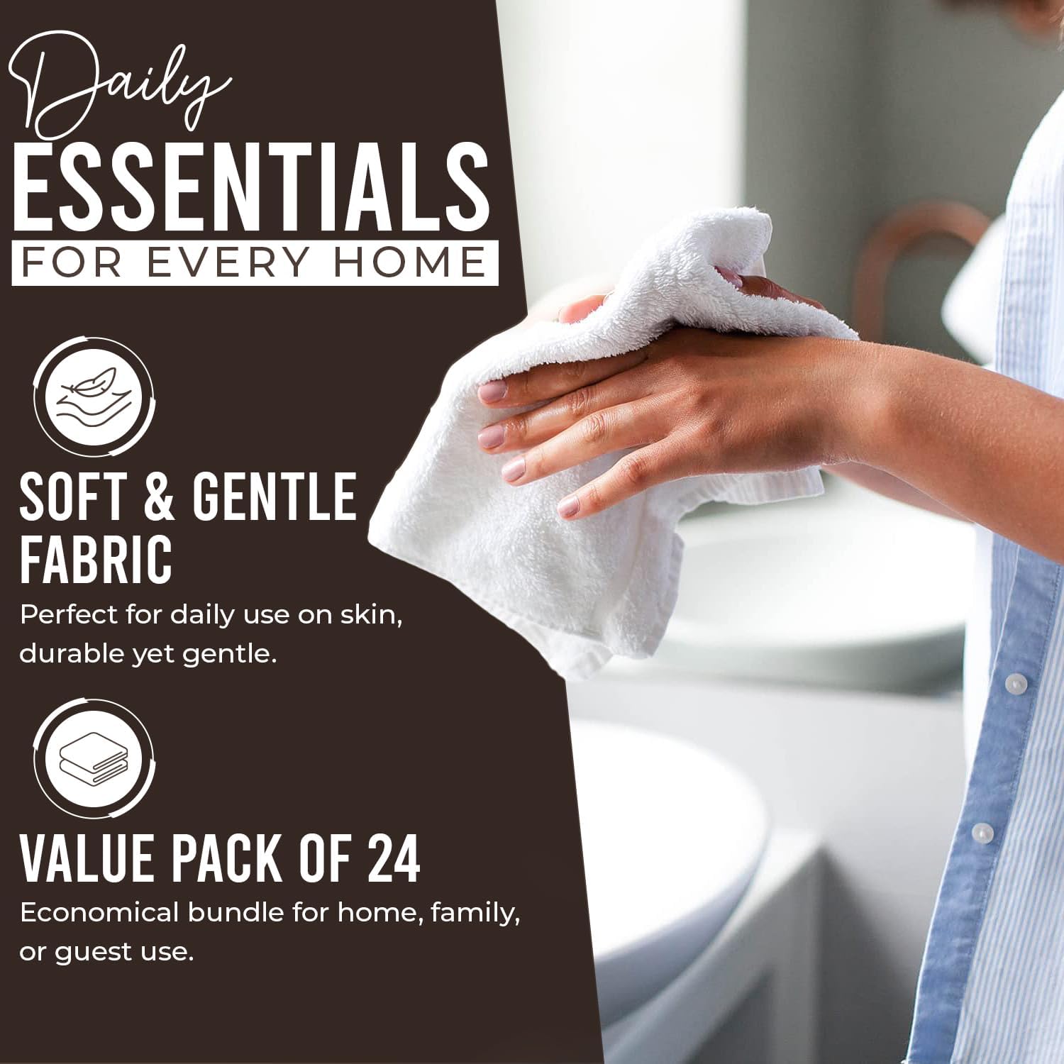 DAN RIVER 24 Pack Cotton Wash Cloths Set for Showering [12x12] Brown | Lighter Weight, Quick to Dry, Super Soft &