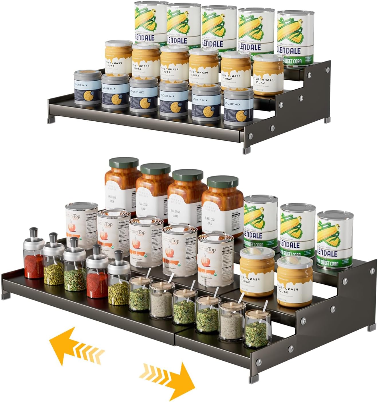 Expandable Carbon Steel Spice Rack Organizer for Pantry, Adjustable 3-Tier Ladder Shelf,Holds Up to 24 Cans,Kitchen