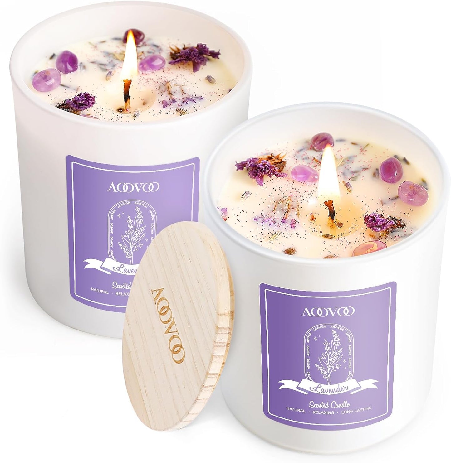 AOOVOO Lavender Scented Candle Set 2 Pack - Aromatherapy Candle with Crystals Inside, 14oz Soy Candles for Home