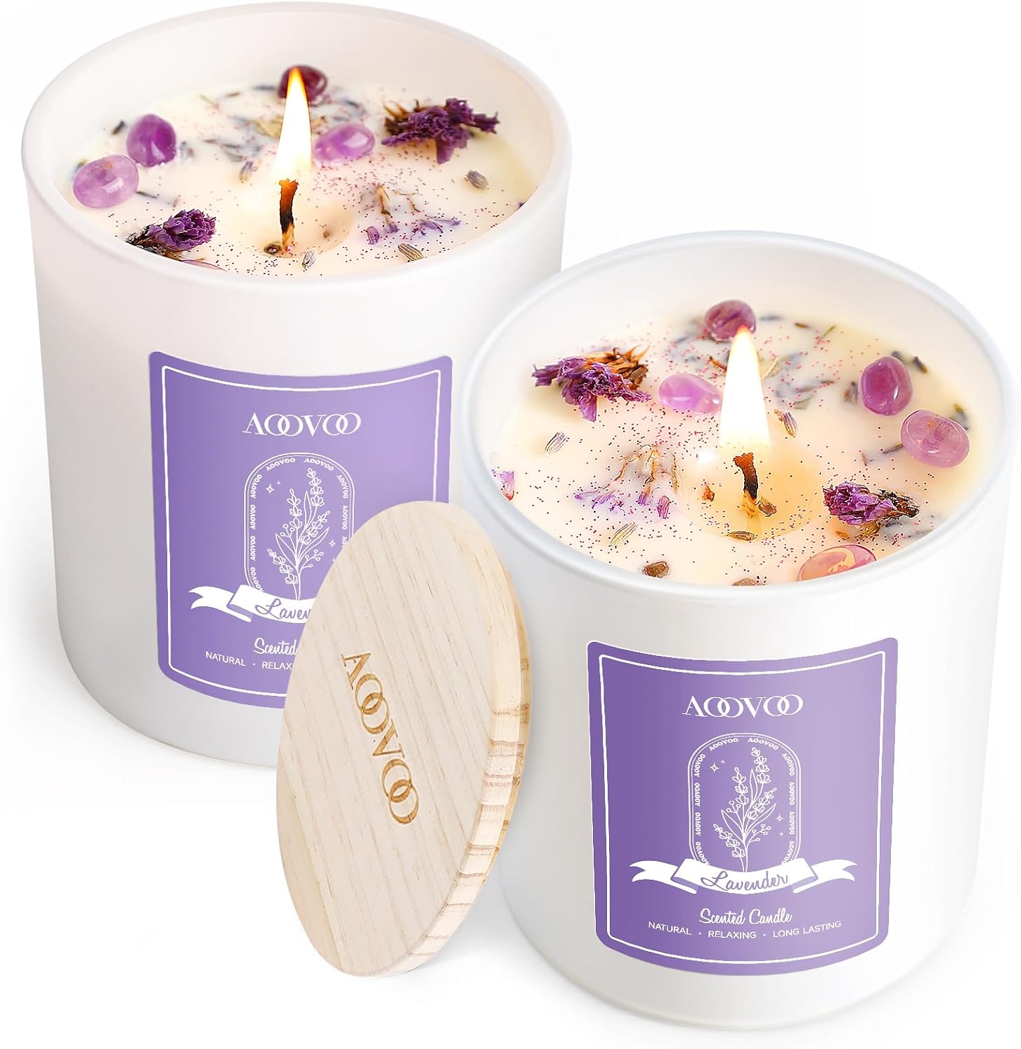 AOOVOO Lavender Scented Candle Set 2 Pack - Aromatherapy Candle with Crystals Inside, 14oz Soy Candles for Home