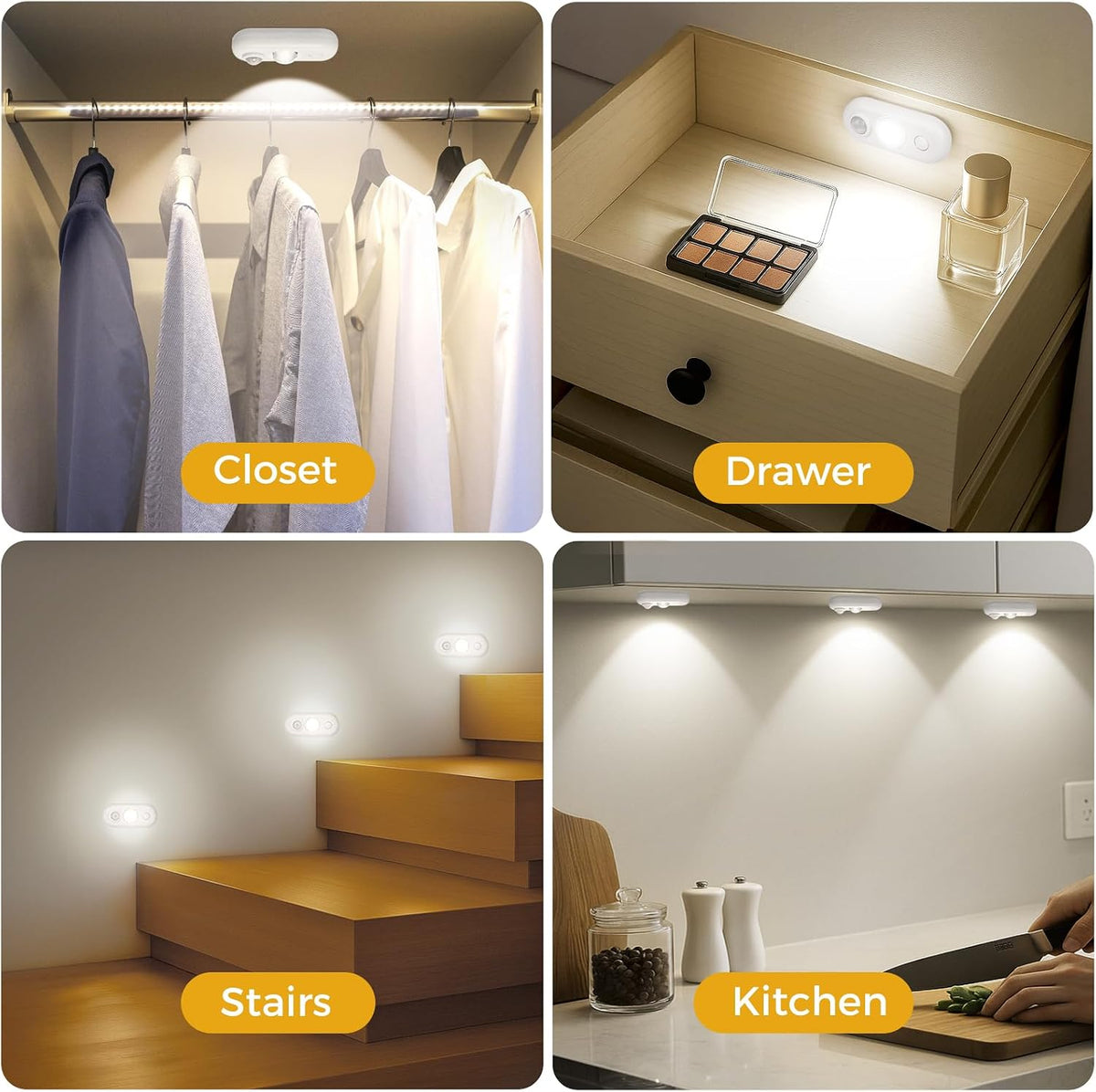 6 Pack LED Motion Sensor Puck Lights, Small Rechargeable Under Cabinet Lights, Dimmable Daylight White Closet Lights