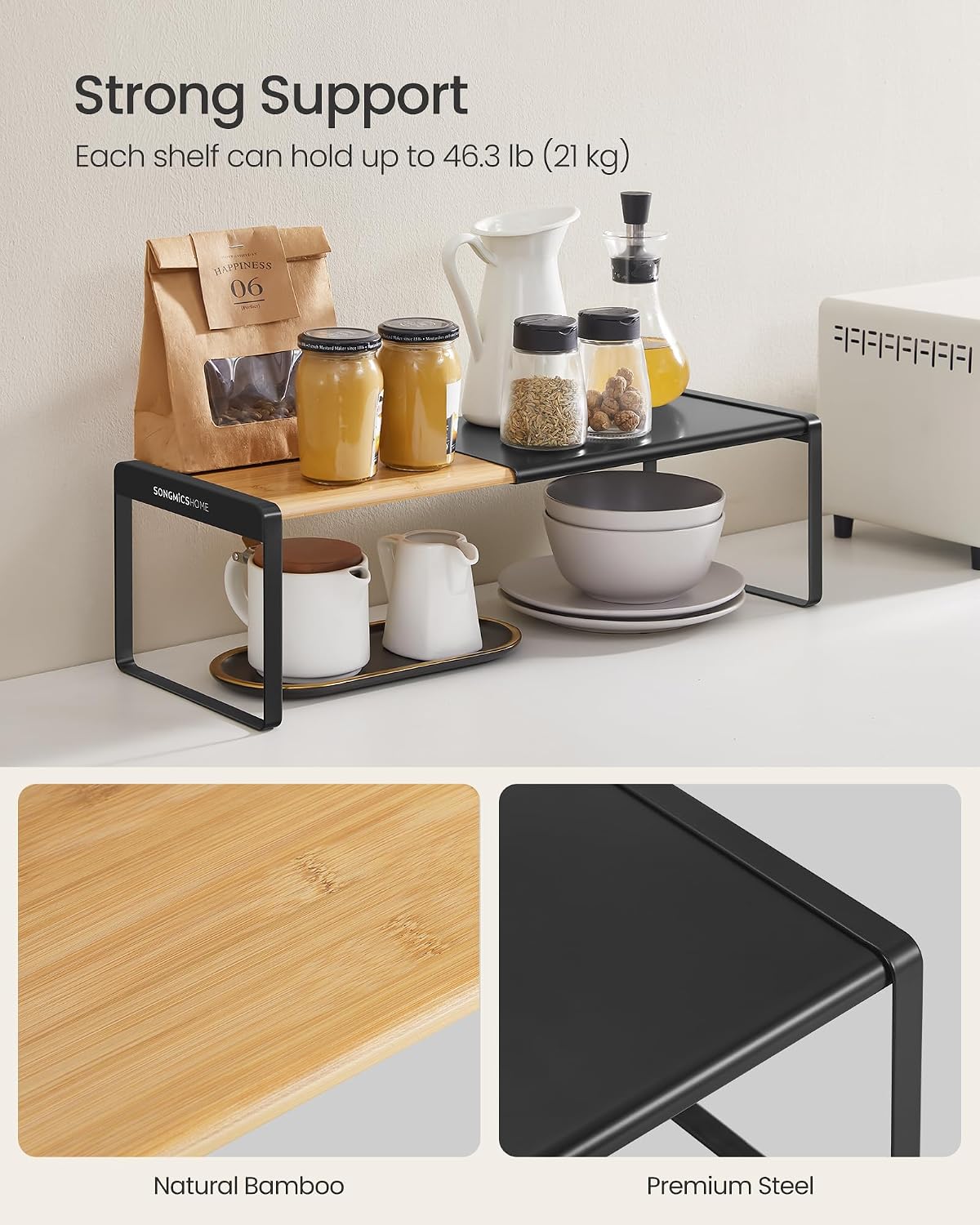 SONGMICS HOME Spice Rack, Expandable Cupboard Shelf Orgnizer,Bamboo | Kitchen Counter Shelves, Bamboo and Steel