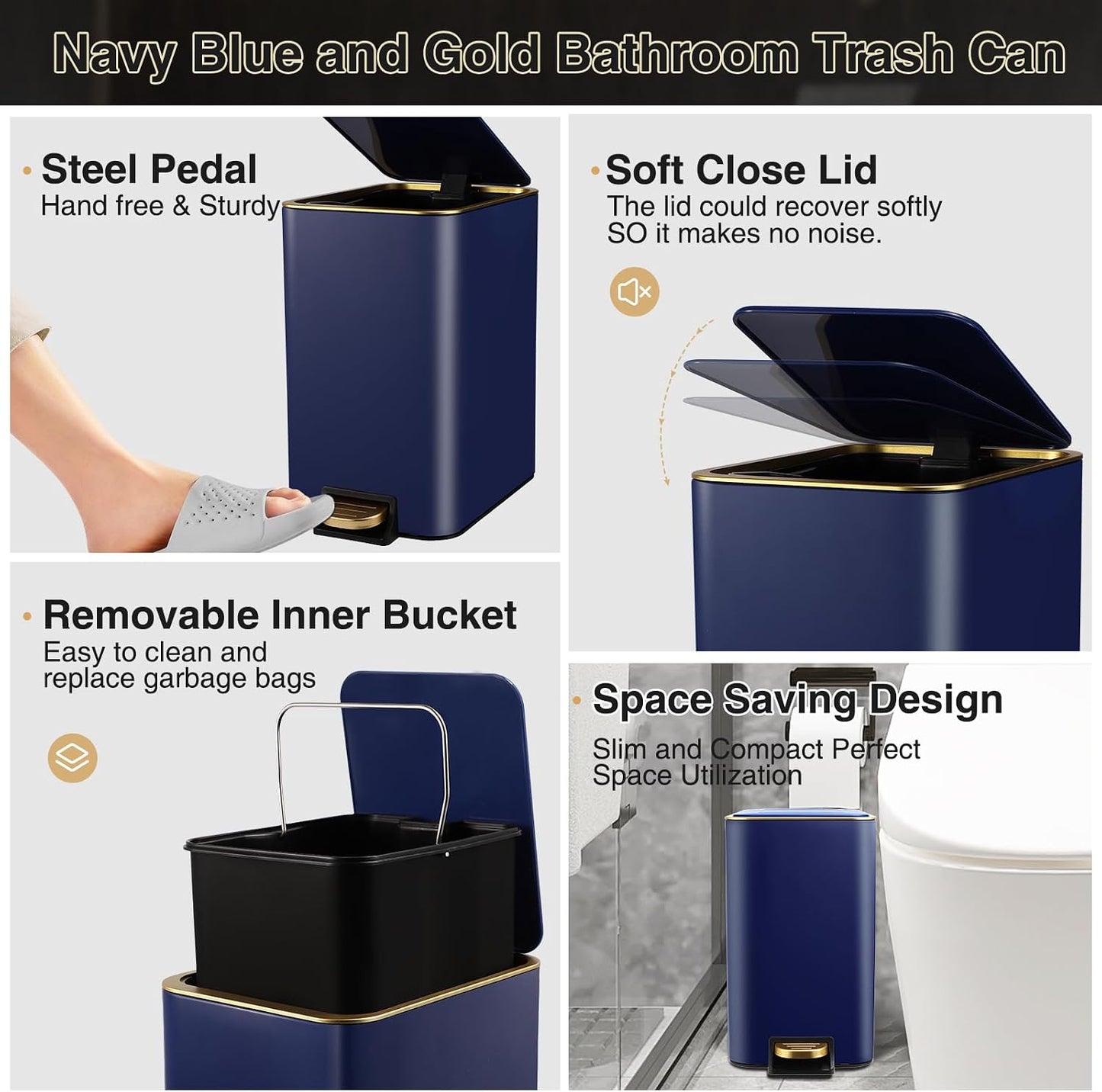 XLHOMO Navy Blue Bathroom Accessories Set 8 Piece Navy Blue and Gold Bathroom Set, Bathroom Sets with Stainless Steel