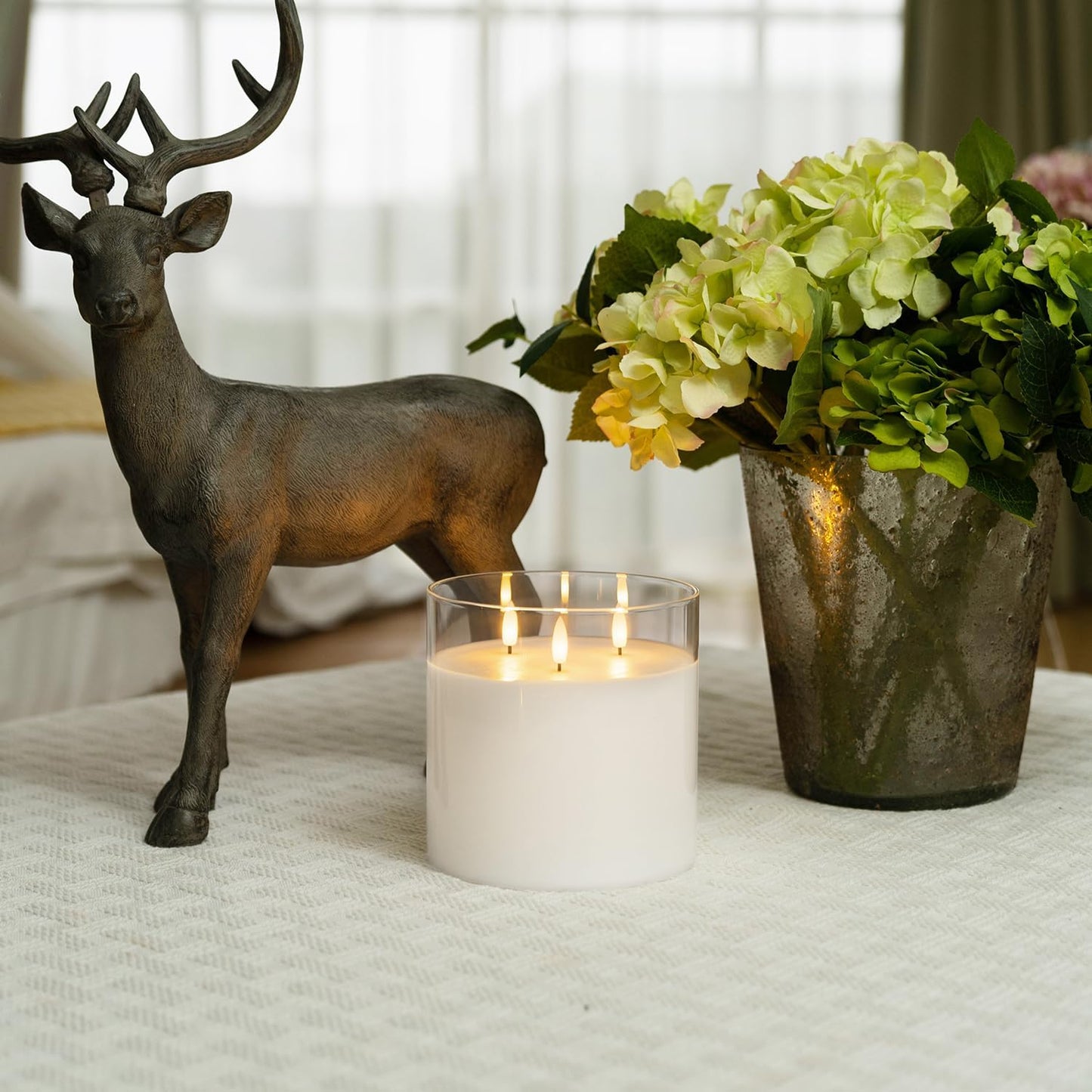 Homemory Pure White Large Glass Flameless LED Candle, 3 Wicks, Remote Timer | 6"x6", real wax, battery operated