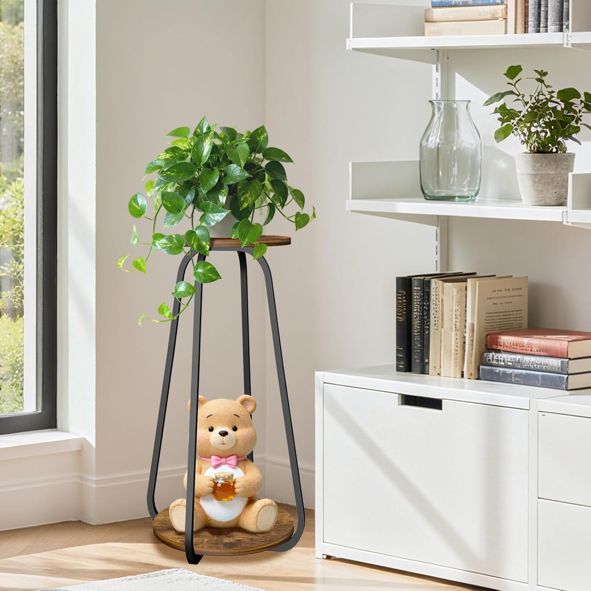 Plant Stand Indoor, 2 Tier Metal Wood Plant Shelf for Living Room, 2 Pack | Round Plant Pedestal Stands Saves Space