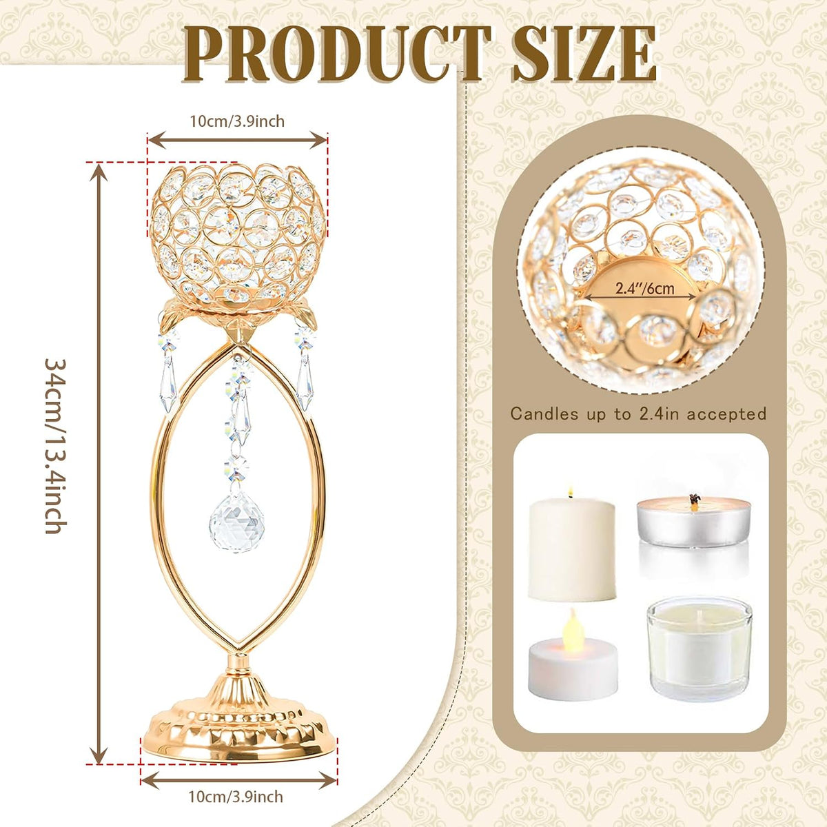 12 Pcs Elegant Metal Crystal Tea Light Candle Holders | with Crystal Pendants, Hollow Design - Wedding Table