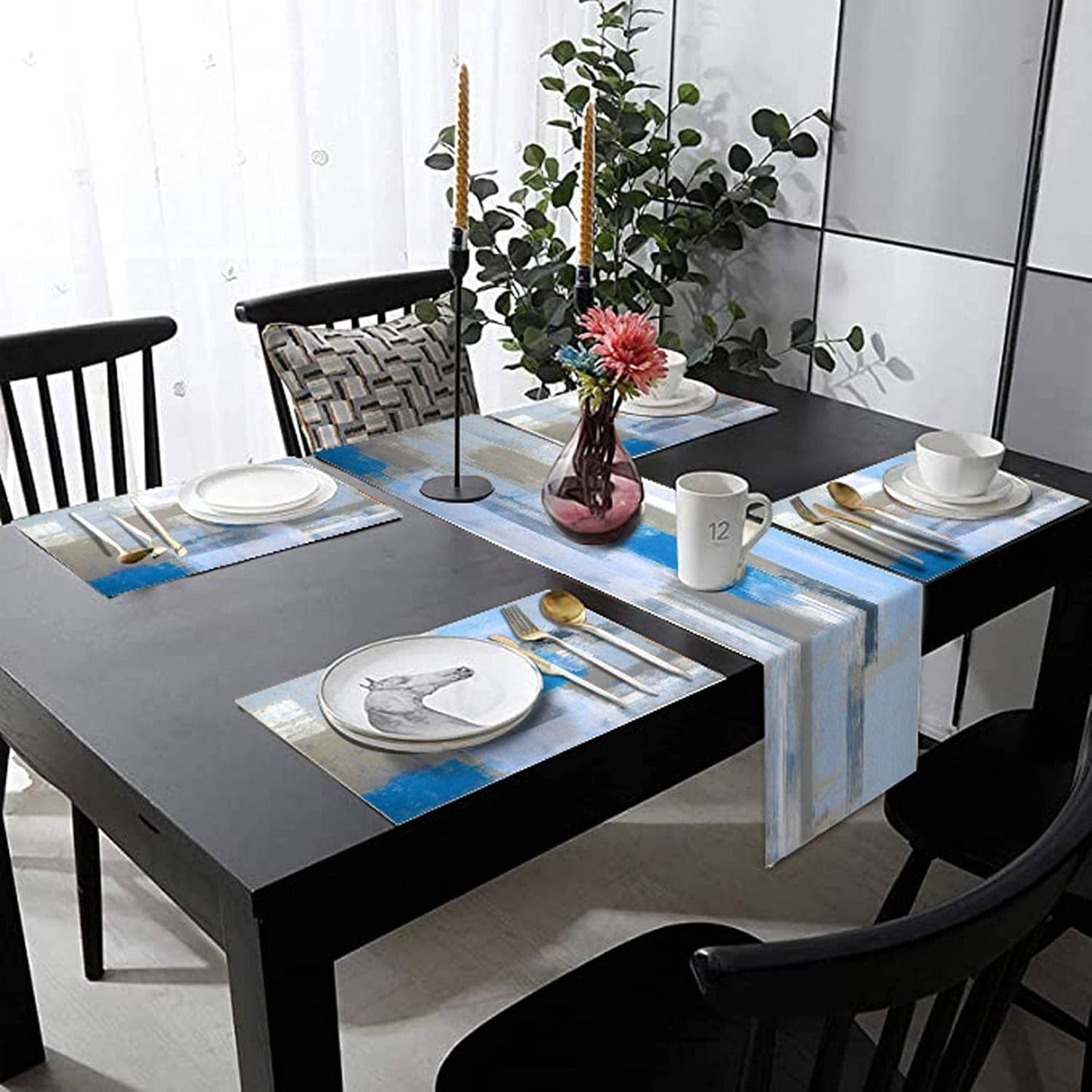 Light Blue Grey Table Runner & Placemats Set, Linen 108" Long | Abstract graffiti art painting design. Washable linen