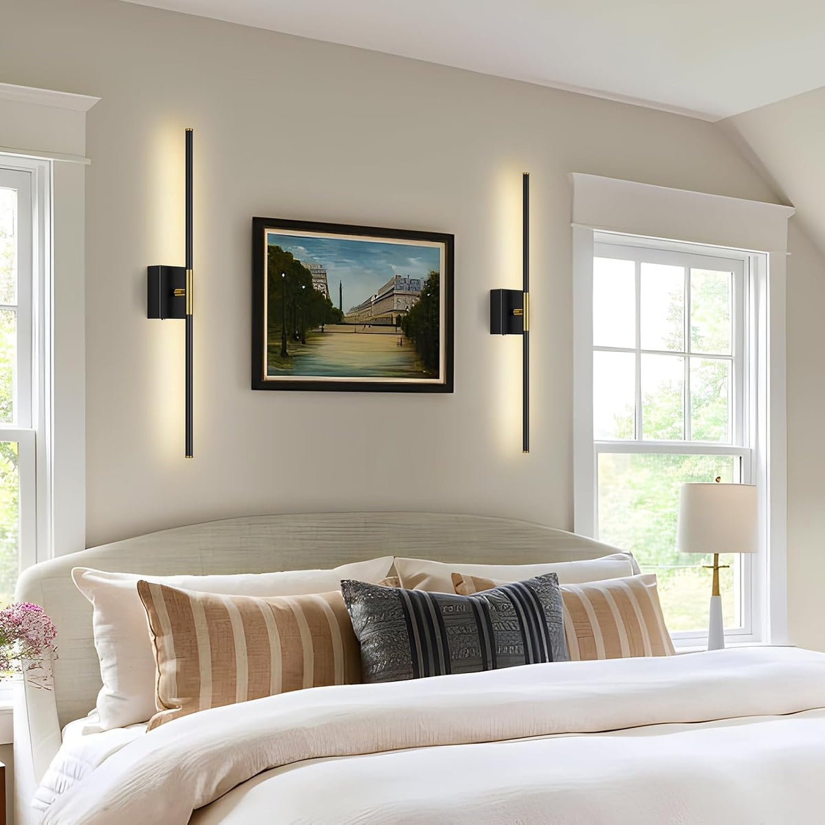 Wall Sconces Set of Two with Remote Control 29.1 in Dimmable Black Gold Battery Operated Wall Lights 350° Ratation