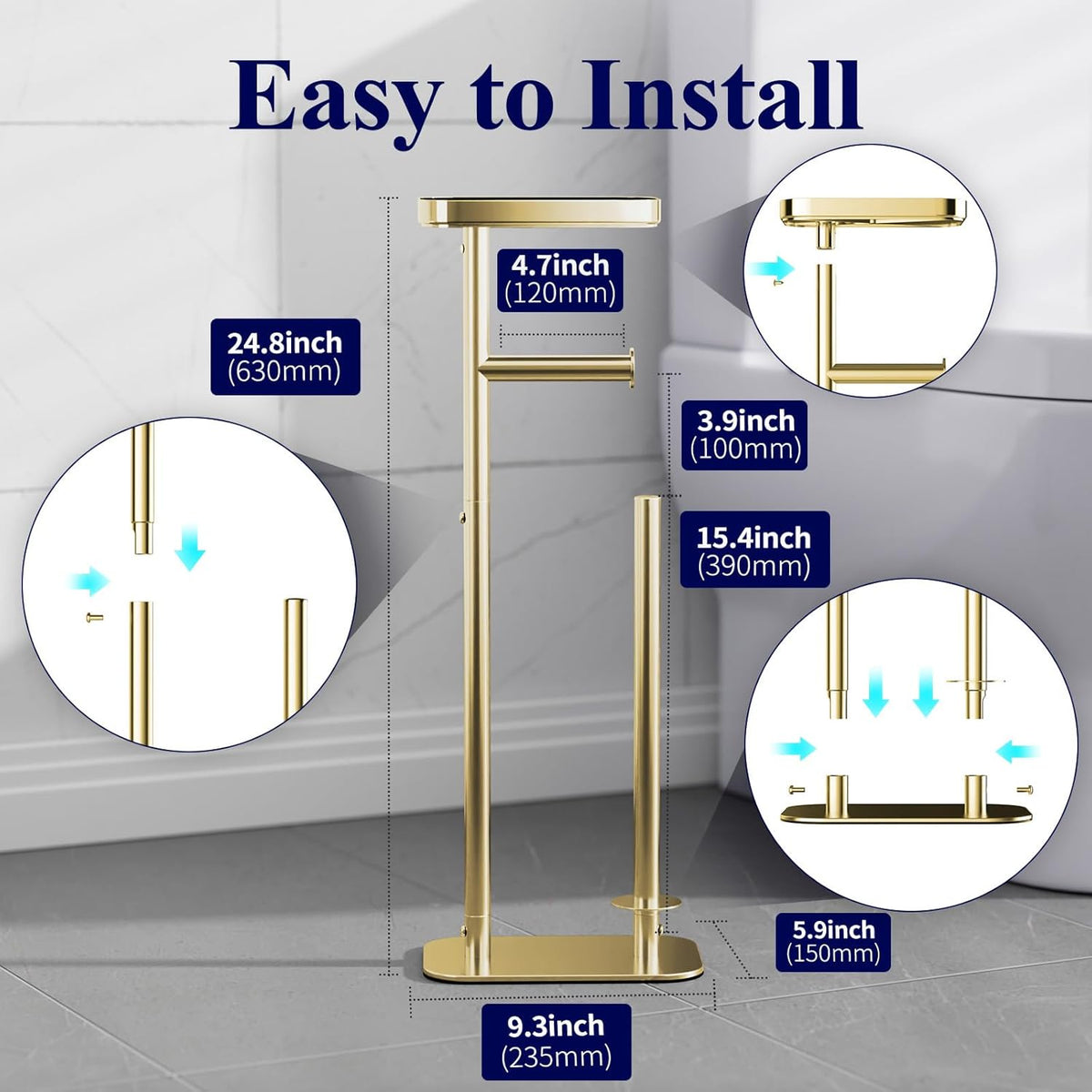 Kitsure Metal Toilet Paper Holder Free Standing, Medium, Chrome Gold | Rustproof Toilet Paper Stand for 4 Rolls