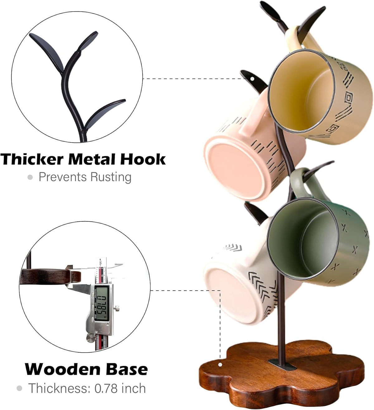 Mug Tree for Coffee Cups – Rustic Mug Holder Stand with 4 Hooks, Countertop Cup Rack for Coffee Bar & Kitchen