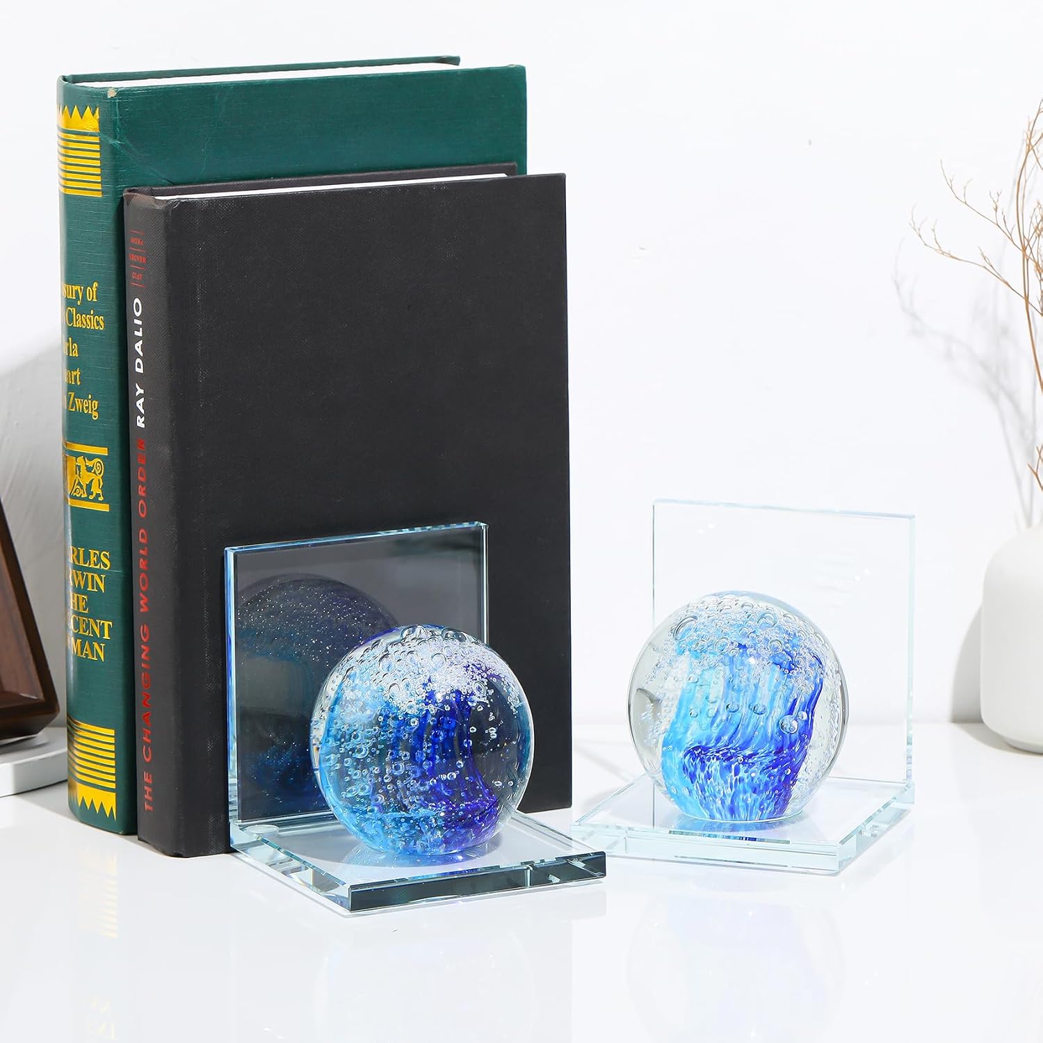 Hand Blown Ocean Waves Ball Glass Decorative Non Skid Bookends / Blue