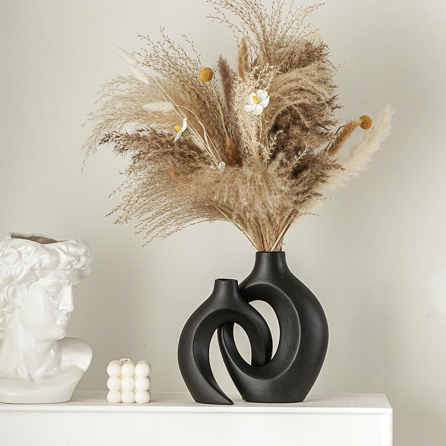 Black Hollow Ceramic Vase / Black - Round Large / Set of 2