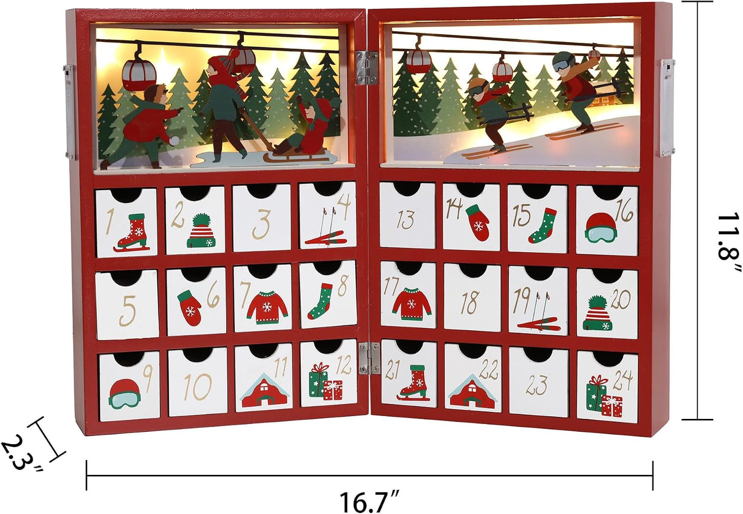 Christmas Wooden Advent Calendar Book with LED lighting Red Color Christmas Skiing Scenes Countdown Holiday Gifts with