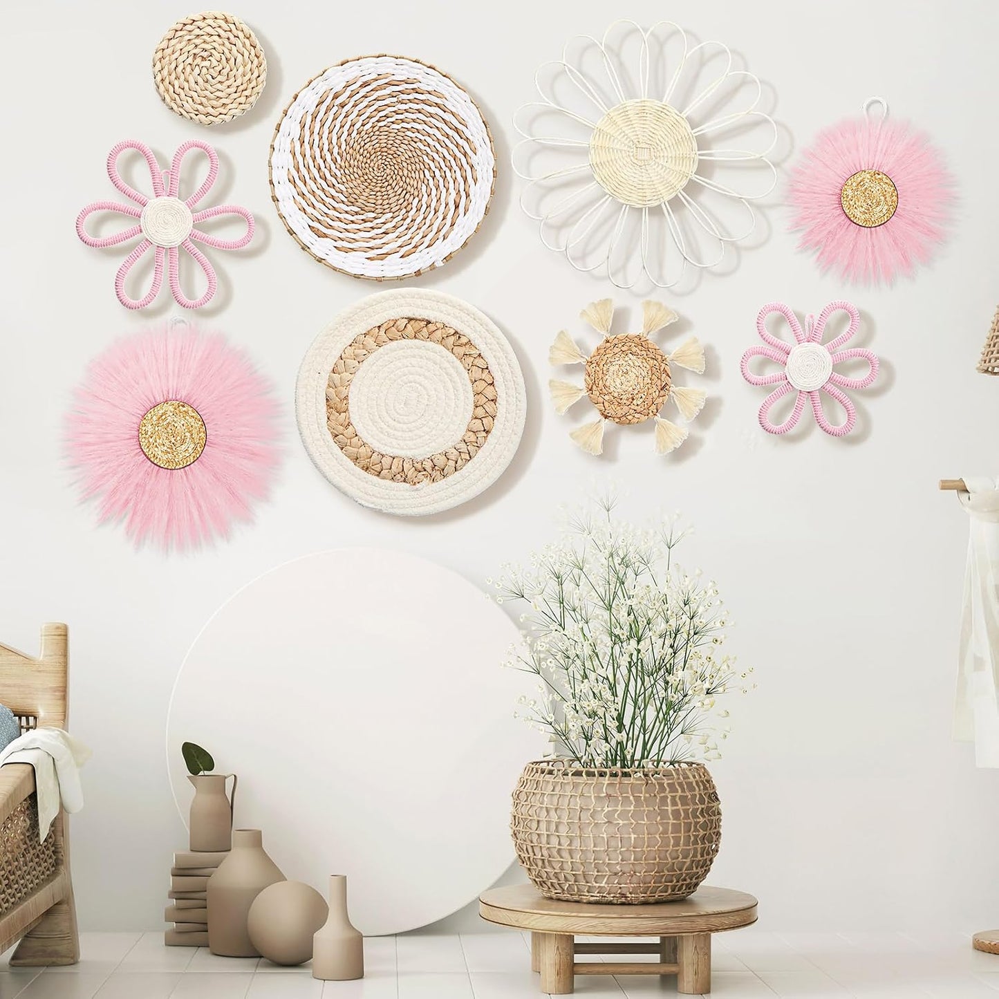 Boho Nursery Wall Decor Daisy Flower Woven Macrame Seagrass Rattan Basket / White Pink / Set of 9