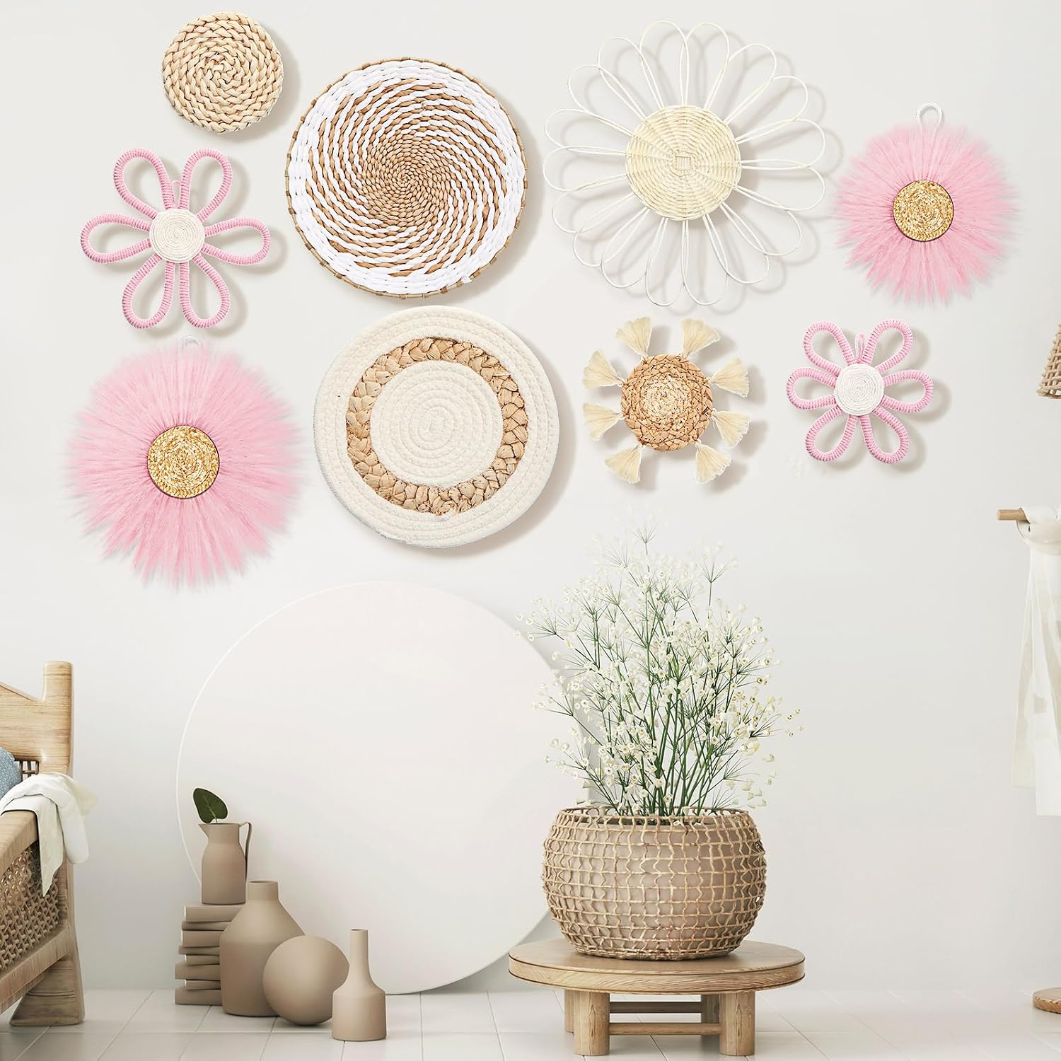Boho Nursery Wall Decor Daisy Flower Woven Macrame Seagrass Rattan Basket / White Pink / Set of 9