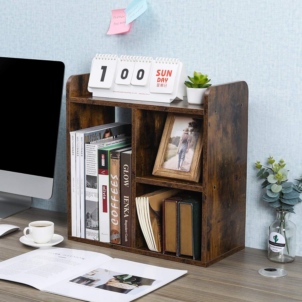 Desktop Shelf Freestanding Wood Small Bookshelf Desk Supplies Organizers and Accessories Storage Display Rack Office