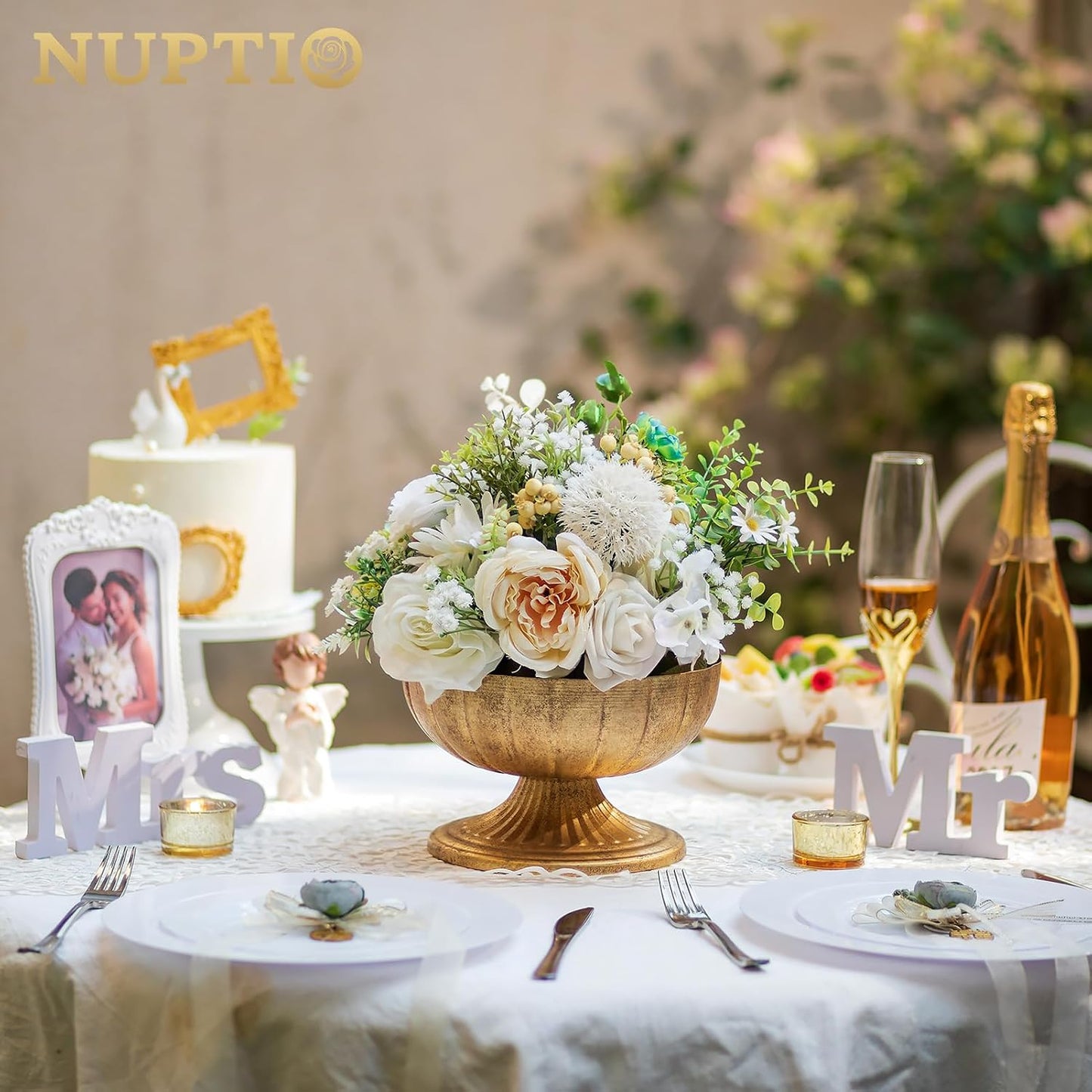NUPTIO Gold Compote Vase for Centerpiece, 8.5" Wide Opening, 10 Pcs | Distressed Brass Urn, Short Pedestal Footed Bowl