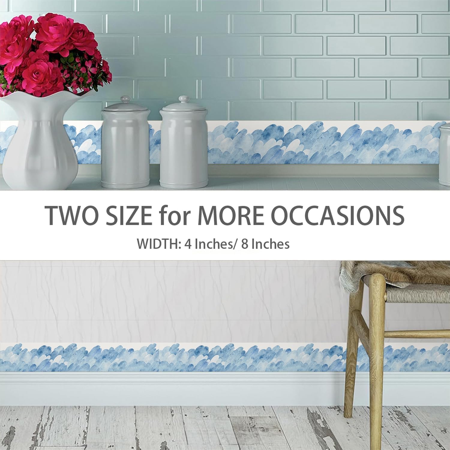 Modern Watercolor Ink Wave Wallpaper Border Peel and Stick Wall Border / VPJ-004 / 393 x 4 / Blue