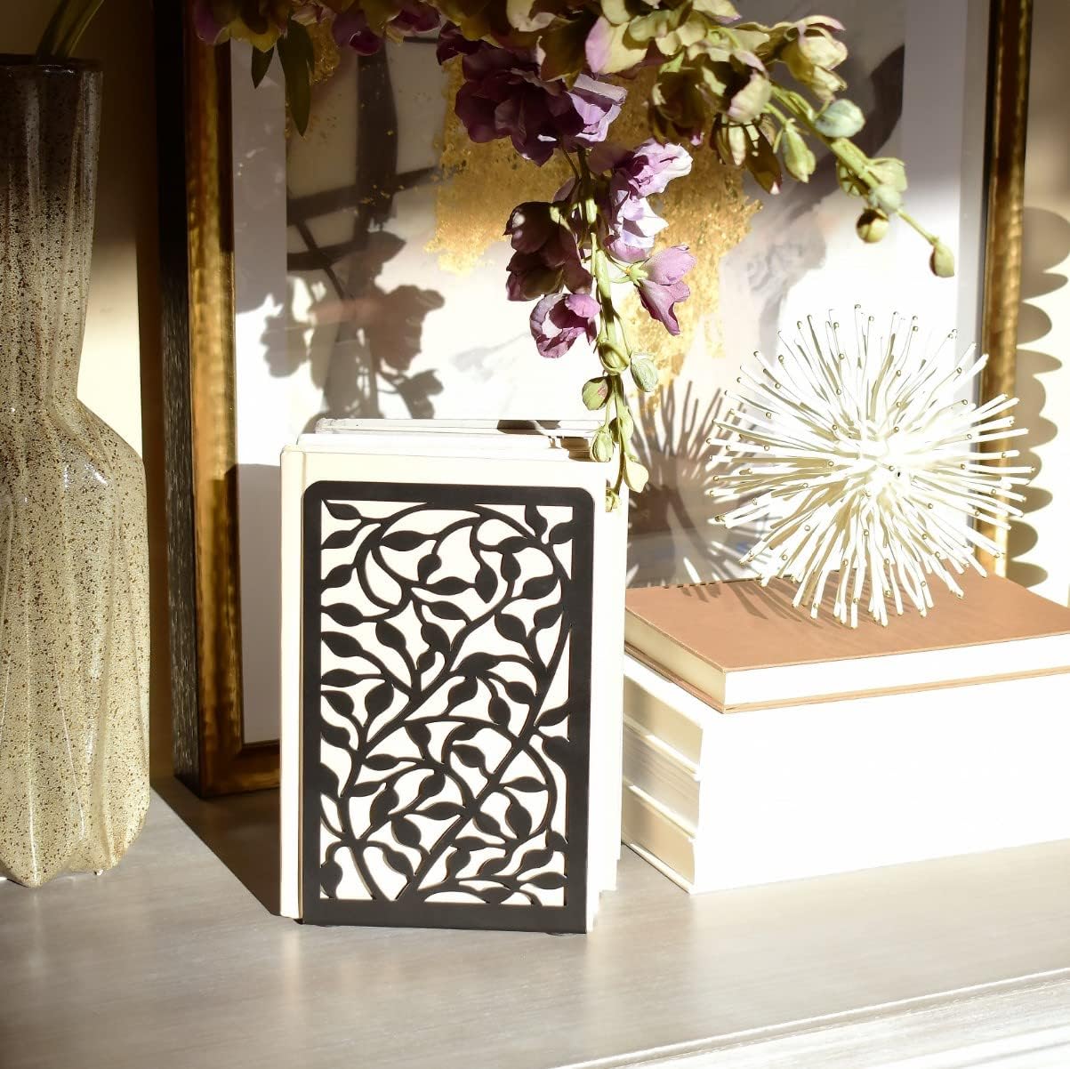 CNK Book Ends for Shelves - Metal Holders for Home Office Heavy Books, Shelf Stoppers, Decorative Set of 2 Black
