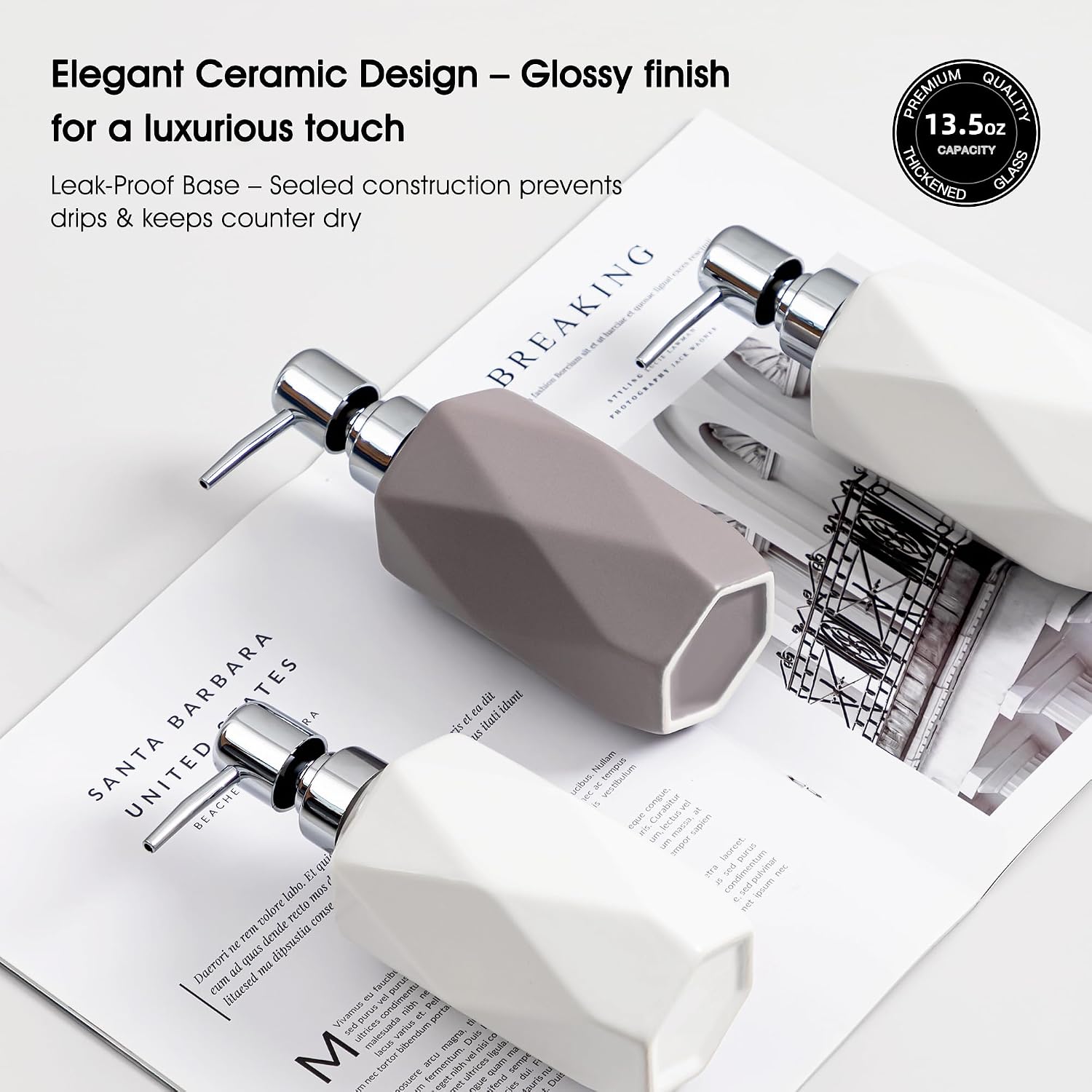 Soap Dispenser, 13.5oz Ceramic Soap Dispenser Bathroom for Kitchen & Bathroom Set of 2 (White, 2 Pack)