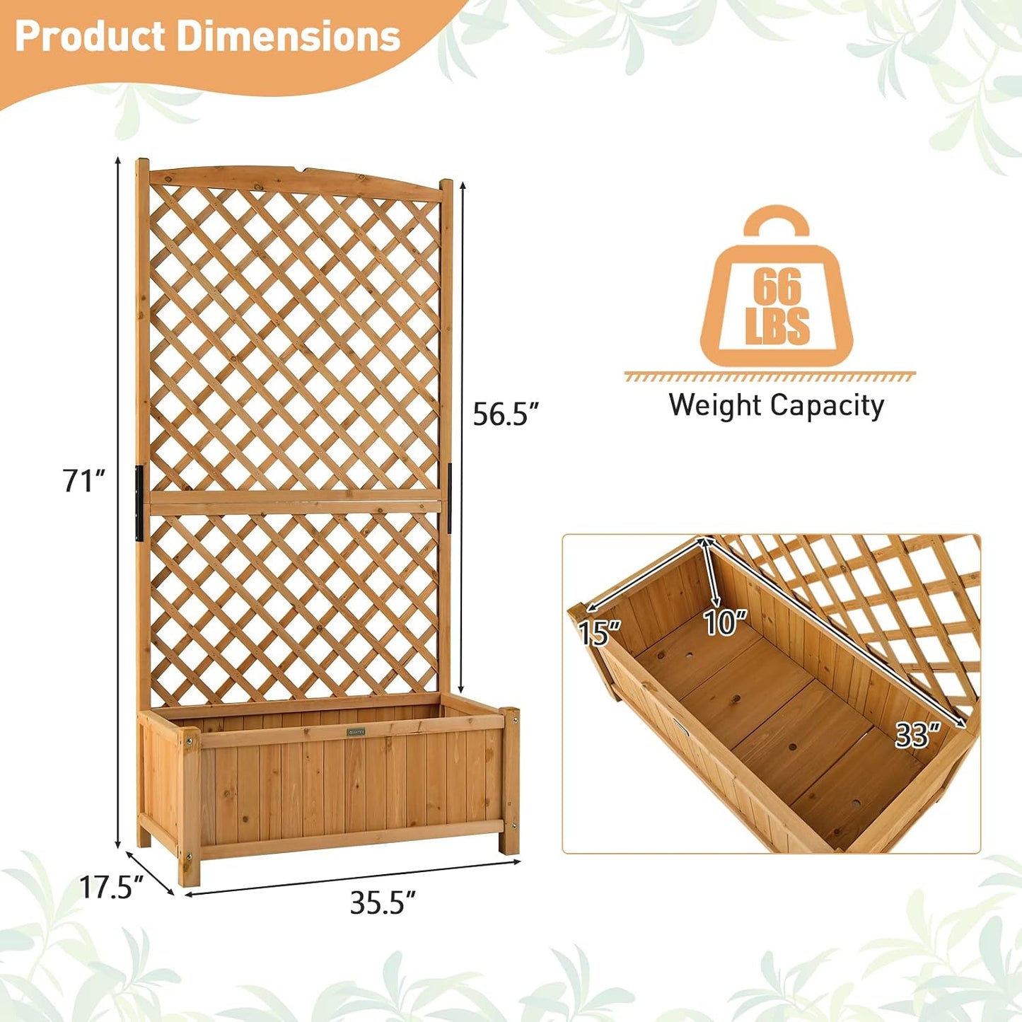 GIANTEX Planter Raised Bed with Trellis, 71" Wooden Garden Bed, High Trellis for Vine Plant Flower Climbing Pot