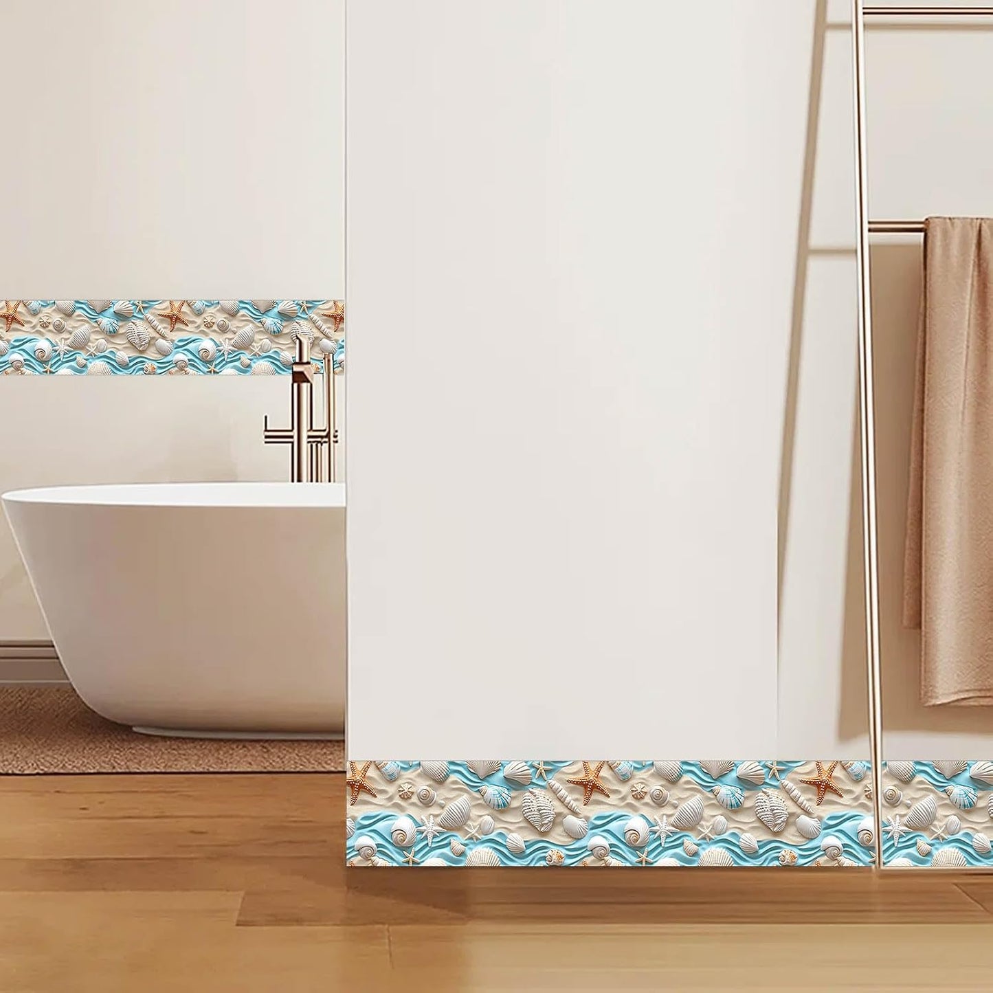 Gold Seashell Starfish Sand Peel and Stick Wallpaper Border Self / Seashells Sand / Blue / 4 x 196