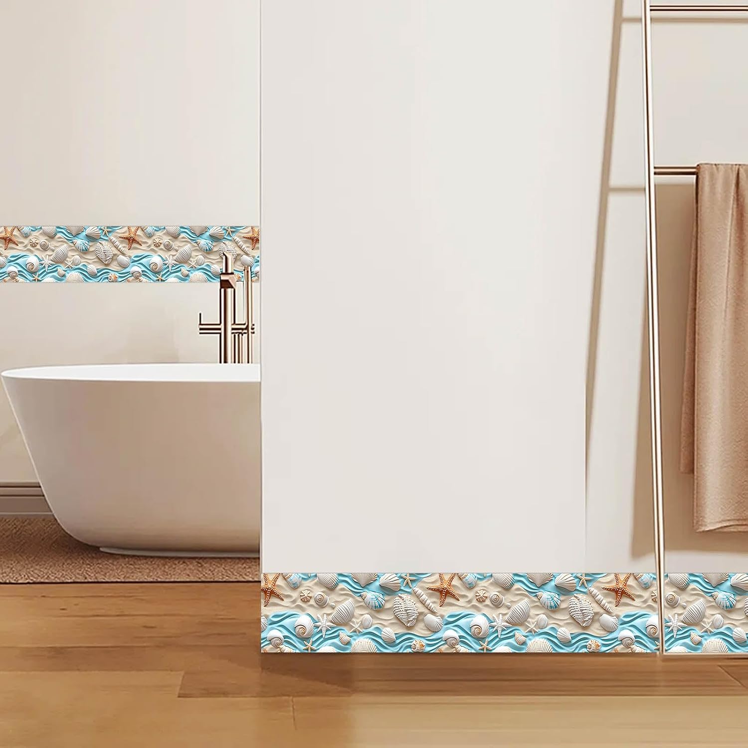 Gold Seashell Starfish Sand Peel and Stick Wallpaper Border Self / Seashells Sand / Blue / 4 x 196
