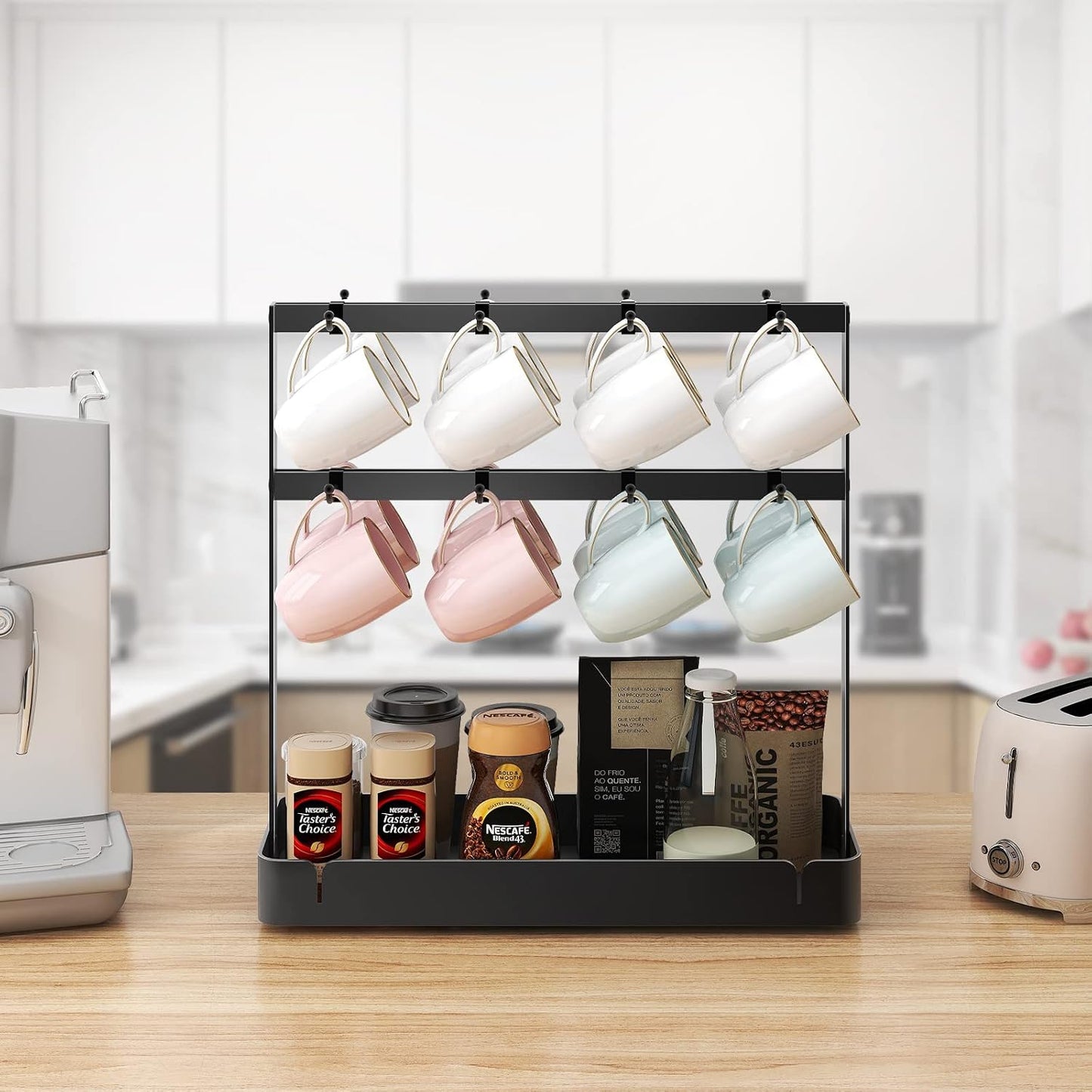RCHYFEED 2 Tier Coffee Cup Holder with 16 Movable Hooks & Storage Basket | Sturdy Metal Countertop Mug Rack,Drain Tray