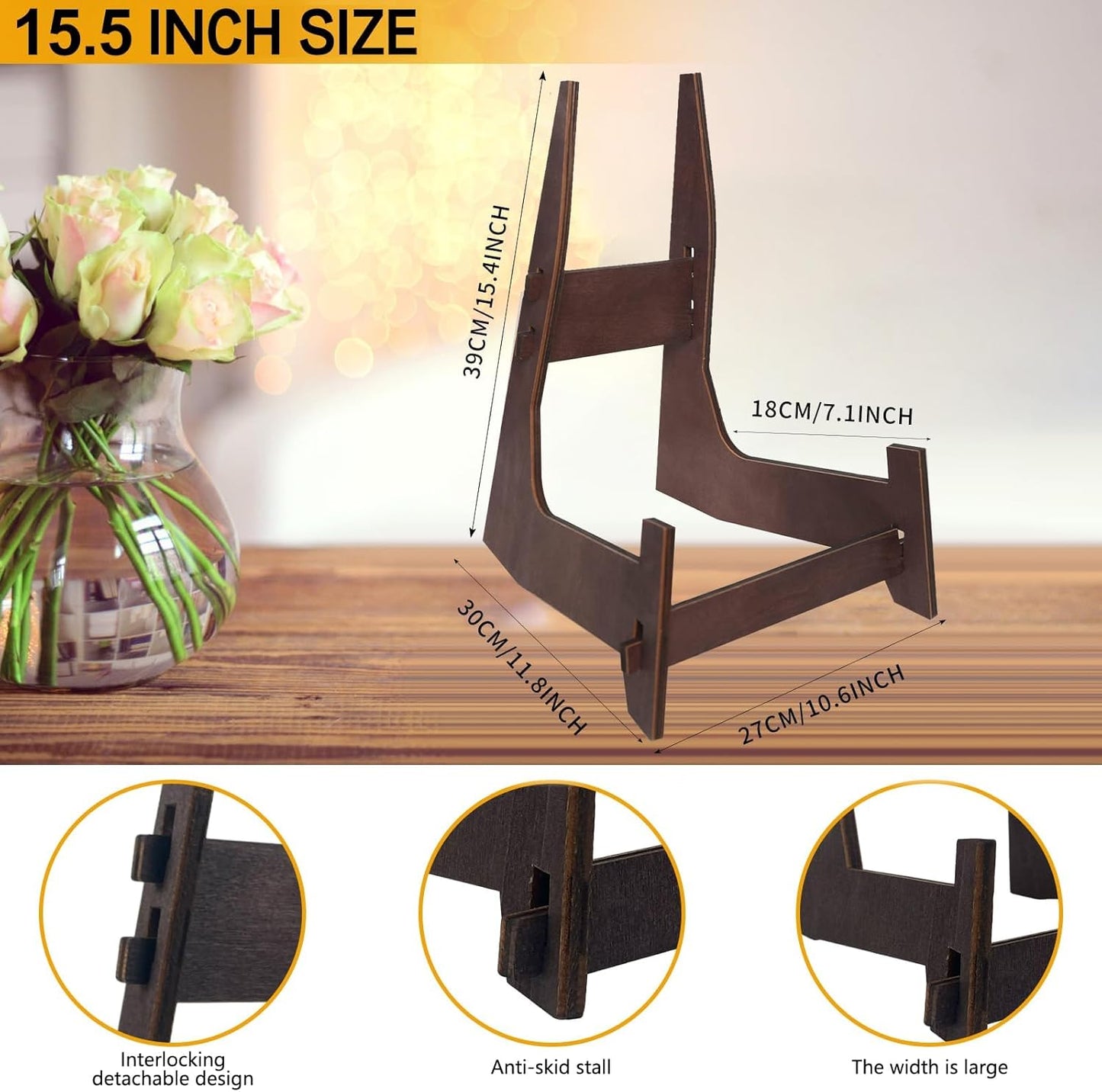 15.5 Inch Large Plate Stands for Display, Wooden, 1 Pack | Picture Frame Stand, Decorative Easel Plate Holder, Heavy