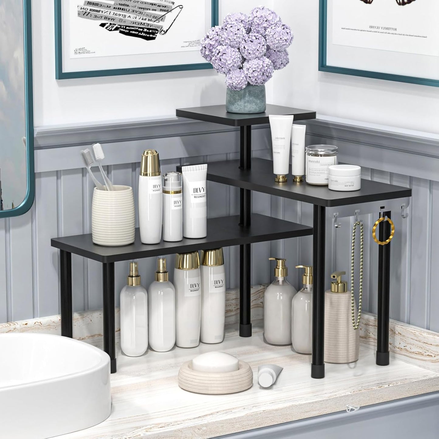 JayRex 3-Tier Bathroom Countertop Corner Shelf Organizer, Black | Space-saving corner design organizes spices, skincare